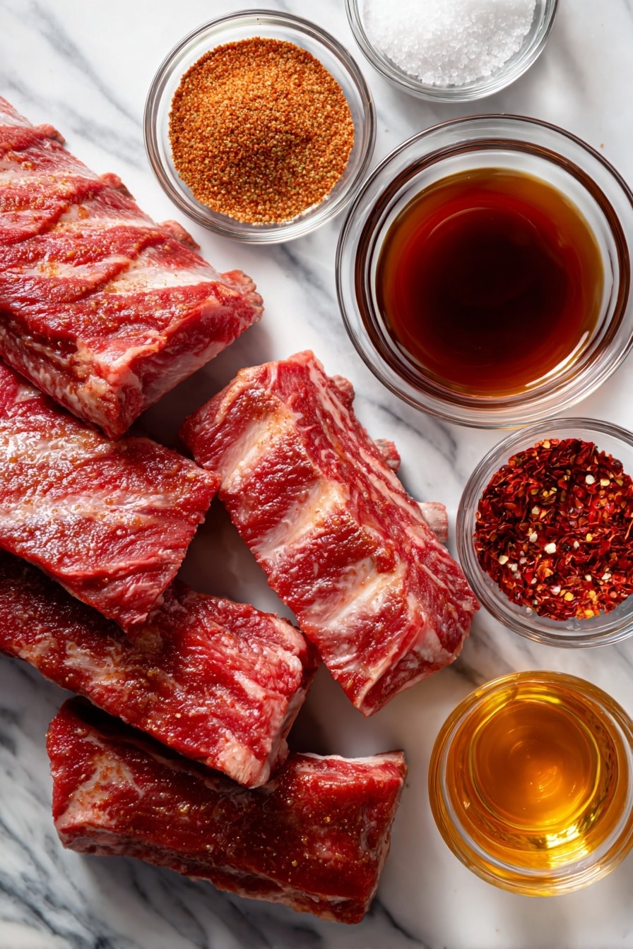 Crockpot Ribs, slow cooker ribs, tender rib recipe, easy ribs recipe, melt-off-the-bone ribs - Flat lay of fresh St. Louis-style pork spareribs with rich marbling, vibrant red smoked paprika powder, golden brown coarse brown sugar crystals, coarse white kosher salt, deep black ground pepper, bright red crushed red pepper flakes, a small clear glass bowl of dark reddish-brown BBQ sauce with glossy texture, and a small clear glass container of pale amber apple cider vinegar, all beautifully arranged with contrasting colors and textures, placed on white marbled surface, photo taken with an iphone --ar 2:3 --v 7