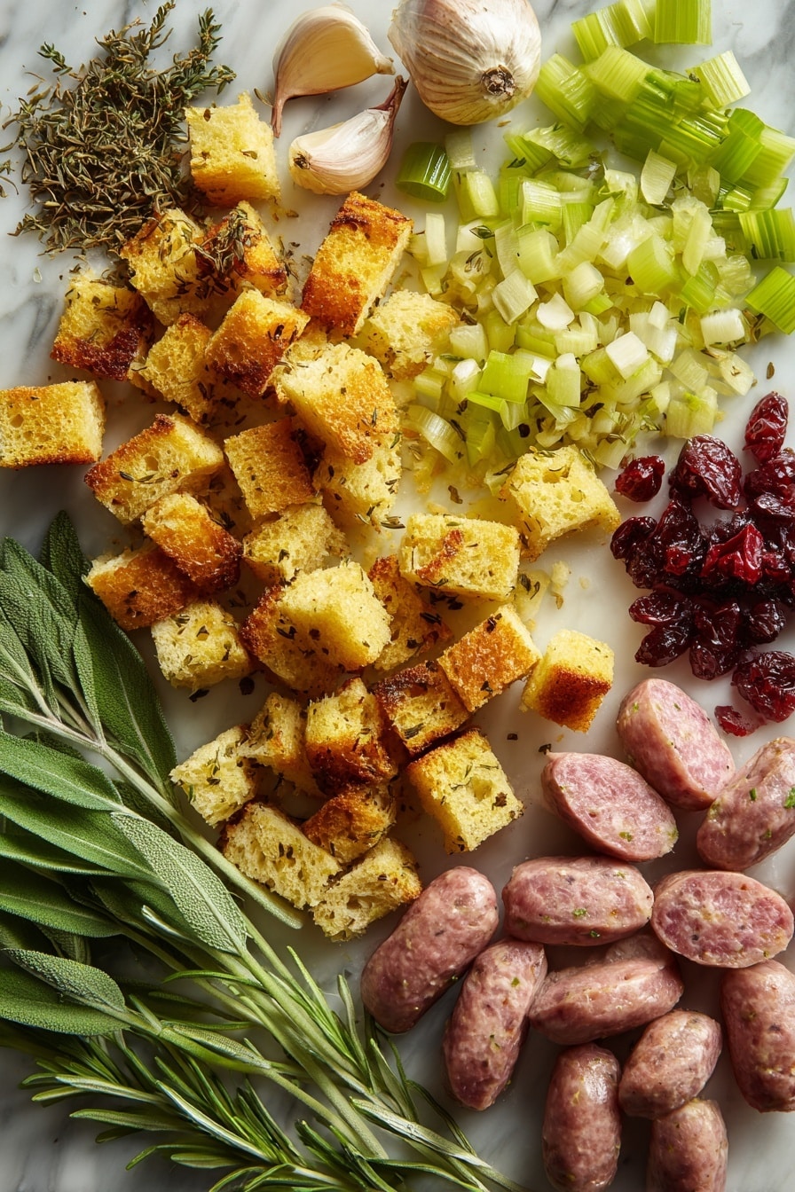 Sausage Cranberry Stuffing, holiday stuffing with sausage, festive cranberry stuffing, savory sausage stuffing recipe, easy holiday stuffing - Flat lay of roughly chopped golden toasted bread cubes with a crispy texture, fresh plump Italian sausage links in their natural pinkish-beige color with specks of herbs, finely chopped translucent yellow onions, bright green celery stalks sliced into small pieces, peeled large garlic cloves with smooth white surfaces, vibrant green flat-leaf parsley leaves alongside fresh sage and rosemary sprigs showcasing textured, needle-like leaves, small clusters of deep red dried cranberries with a wrinkled surface, all arranged naturally with some herbs sprinkled loosely, placed on white marbled surface, photo taken with an iphone --ar 2:3 --v 7