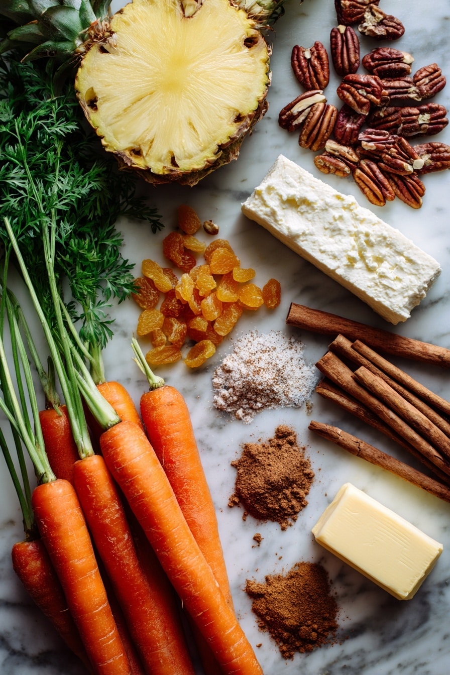 Classic Carrot Cake with Cream Cheese Frosting, moist carrot cake recipe, easy carrot cake, homemade carrot cake with cream cheese frosting, festive carrot cake dessert - Flat lay of fresh bright orange whole carrots with leafy green tops, a small pile of light brown crushed pecans, golden raisins scattered nearby, a halved ripe pineapple showing juicy yellow flesh, a smooth block of creamy white cream cheese, a stick of pale yellow butter, whole cinnamon sticks with warm reddish-brown tones, and small piles of ground cinnamon and nutmeg powders in soft brown shades, all beautifully arranged with natural textures and rich colors, placed on white marbled surface, photo taken with an iphone --ar 2:3 --v 7