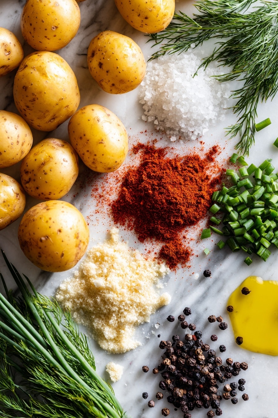 How to Make Smashed Potatoes, crispy smashed potatoes, easy smashed potato recipe, flavorful smashed potatoes, perfect smashed potatoes - Flat lay of small golden potatoes with smooth, waxy skin, fresh green dill sprigs, and finely chopped bright green chives, scattered piles of smoked paprika in rich red powder, garlic powder and onion powder in soft off-white mounds, coarse flaky sea salt crystals sparkling white, whole black peppercorns with a glossy finish, and a small puddle of golden extra-virgin olive oil glistening softly, all beautifully arranged with natural spacing and gentle overlaps, placed on white marbled surface, photo taken with an iphone --ar 2:3 --v 7