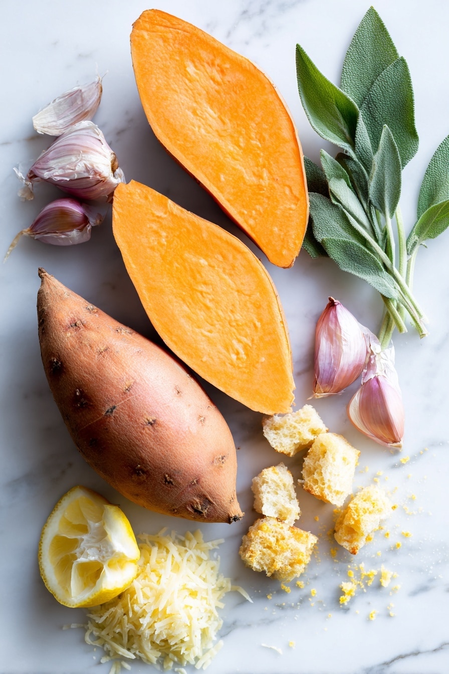 Savory Sweet Potato Casserole with Sage and Parmesan, sweet potato casserole, savory potato side dish, sage and Parmesan recipes, holiday sweet potato side - Flat lay of bright orange sweet potatoes halved lengthwise with smooth, slightly rough skin, fresh green sage leaves crisp and vibrant, small golden craggy sourdough bread pieces with textured crust, a plump light purple shallot bulb broken into chopped pieces showing glossy layers, a small pile of finely grated pale yellow Parmesan cheese, a fresh lemon wedge with bright yellow zest curls, and a small heap of golden brown toasted bread crumbs, arranged naturally with some overlapping and soft shadows, placed on white marbled surface, photo taken with an iphone --ar 2:3 --v 7