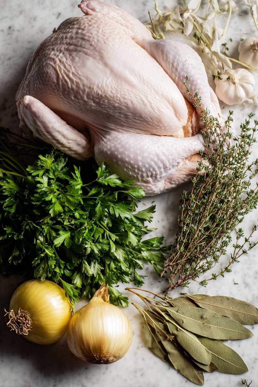 Roasted Herb Butter Turkey, Herb Butter Turkey, Juicy Roast Turkey, Thanksgiving Turkey Recipe, Holiday Turkey - Flat lay of fresh whole turkey with smooth pale skin, a small bunch of vibrant green Italian parsley with delicate leaves, fresh thyme sprigs showing tiny green leaves on woody stems, a bright yellow quartered onion revealing its crisp layers, a head of garlic cut in half showcasing creamy white cloves with papery skin, and dried bay leaves with deep olive-green color and leathery texture, all naturally arranged with their colors and textures contrasting beautifully, placed on white marbled surface, photo taken with an iphone --ar 2:3 --v 7