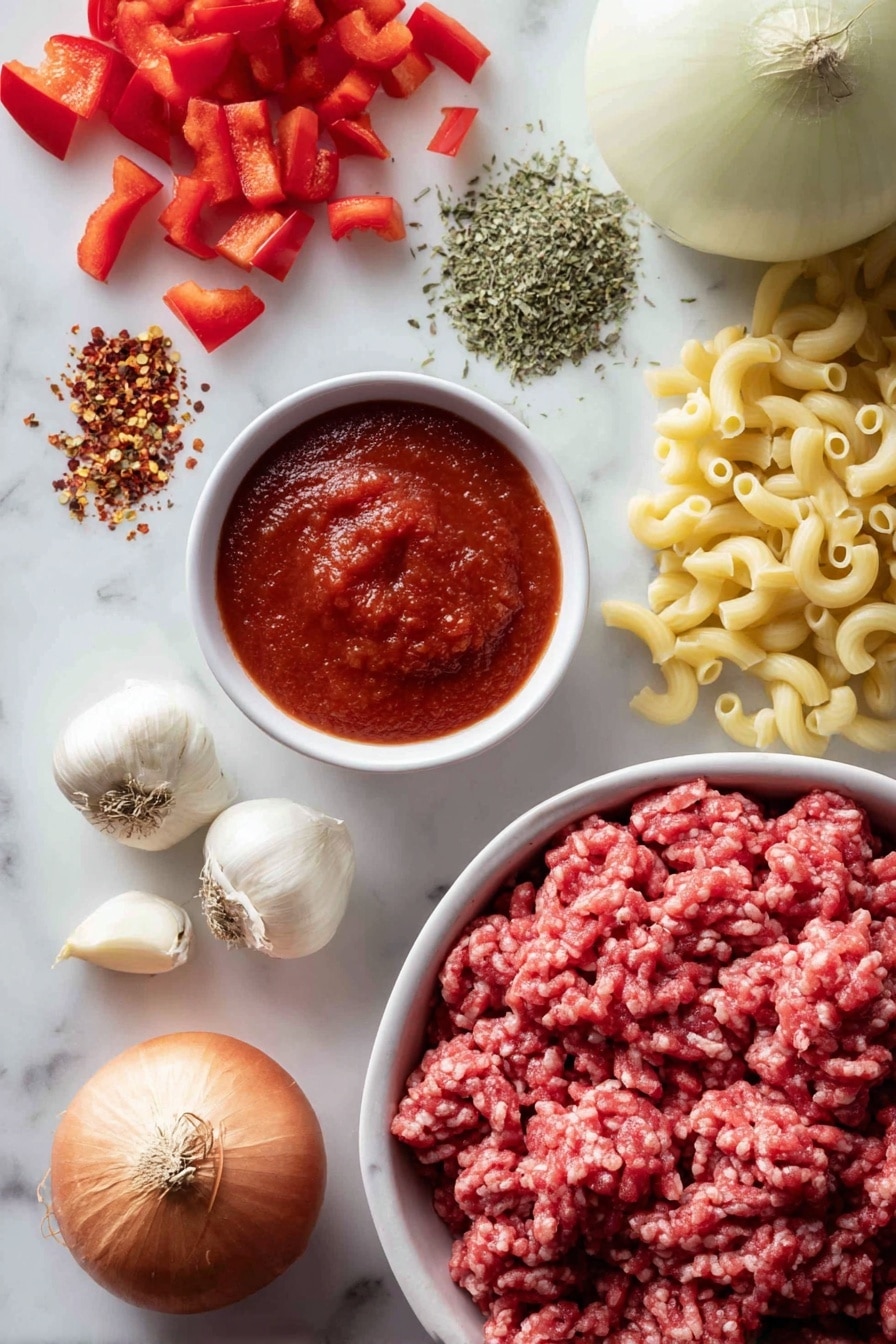 Healthy Slow Cooker Hamburger Helper, Healthy Hamburger Helper, Easy nutritious dinner, Slow cooker family meal, Wholesome comfort food - Flat lay of fresh lean ground beef with deep red color and fine texture, a halved medium onion showing its crisp white layers, bright red diced bell pepper pieces, two cloves of peeled garlic with smooth creamy white surfaces, a small bowl of rich red tomato pasta sauce with visible herbs, a scattering of dry uncooked elbow macaroni in pale yellow tones, fresh green Italian seasoning herbs sprinkled gently, and a few vibrant red pepper flakes adding color contrast, all arranged naturally and invitingly on a white marbled surface, photo taken with an iphone --ar 2:3 --v 7