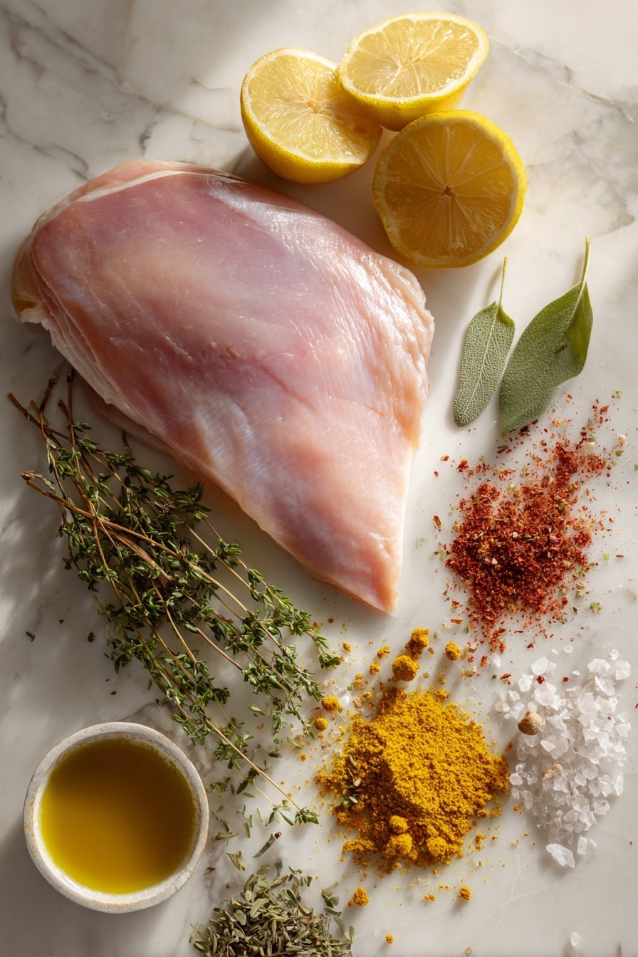 Perfect Smoked Turkey Breast, smoked turkey, smoked turkey breast recipe, juicy smoked turkey, flavorful turkey - Flat lay of a large raw turkey breast with smooth pale pink skin, fresh lemon halves with bright yellow flesh, vibrant green sprigs of dried thyme and sage, small piles of red chili powder and smoked paprika with fine textures, coarse garlic salt crystals, and a small pool of golden melted butter, all arranged naturally with some spices gently scattered around, placed on white marbled surface, photo taken with an iphone --ar 2:3 --v 7