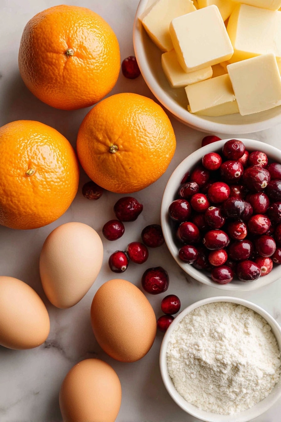 Cranberry Orange Bundt Cake, easy holiday cake, festive citrus dessert, moist cranberry cake, flavorful orange bread - Flat lay of fresh whole bright orange oranges with textured peel and vibrant orange zest curls, deep red plump fresh cranberries with glossy skins, smooth pale yellow cubes of unsalted butter, rich golden brown packed light brown sugar, creamy white sour cream in a soft dollop, shiny fresh eggs with smooth brown shells, and light beige all-purpose flour dusted lightly around, arranged naturally with some cranberries spilling gently across, placed on white marbled surface, photo taken with an iphone --ar 2:3 --v 7