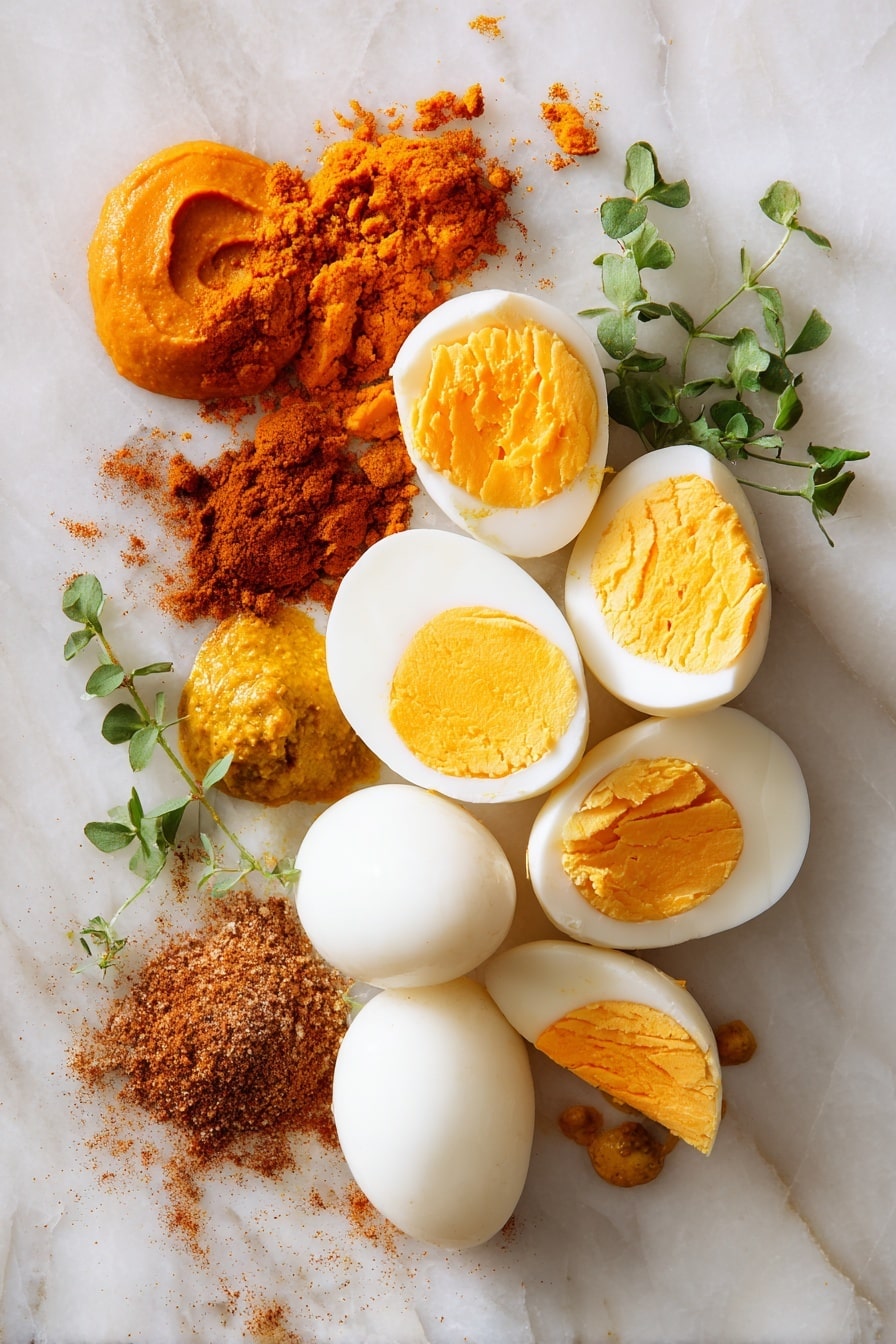 Pumpkin Devilled Eggs, pumpkin deviled eggs recipe, fall appetizer ideas, festive egg appetizers, cozy pumpkin appetizer - Flat lay of halved hard boiled eggs with smooth white egg whites and bright yellow yolks, a small mound of rich orange pumpkin puree with a velvety texture, vibrant golden mustard dollops, a scattering of warm brownish-red paprika powder, and a small pile of mixed pumpkin spice with warm earthy tones, all neatly arranged in natural clusters with some fresh green herbs subtly placed for contrast, placed on white marbled surface, photo taken with an iphone --ar 2:3 --v 7
