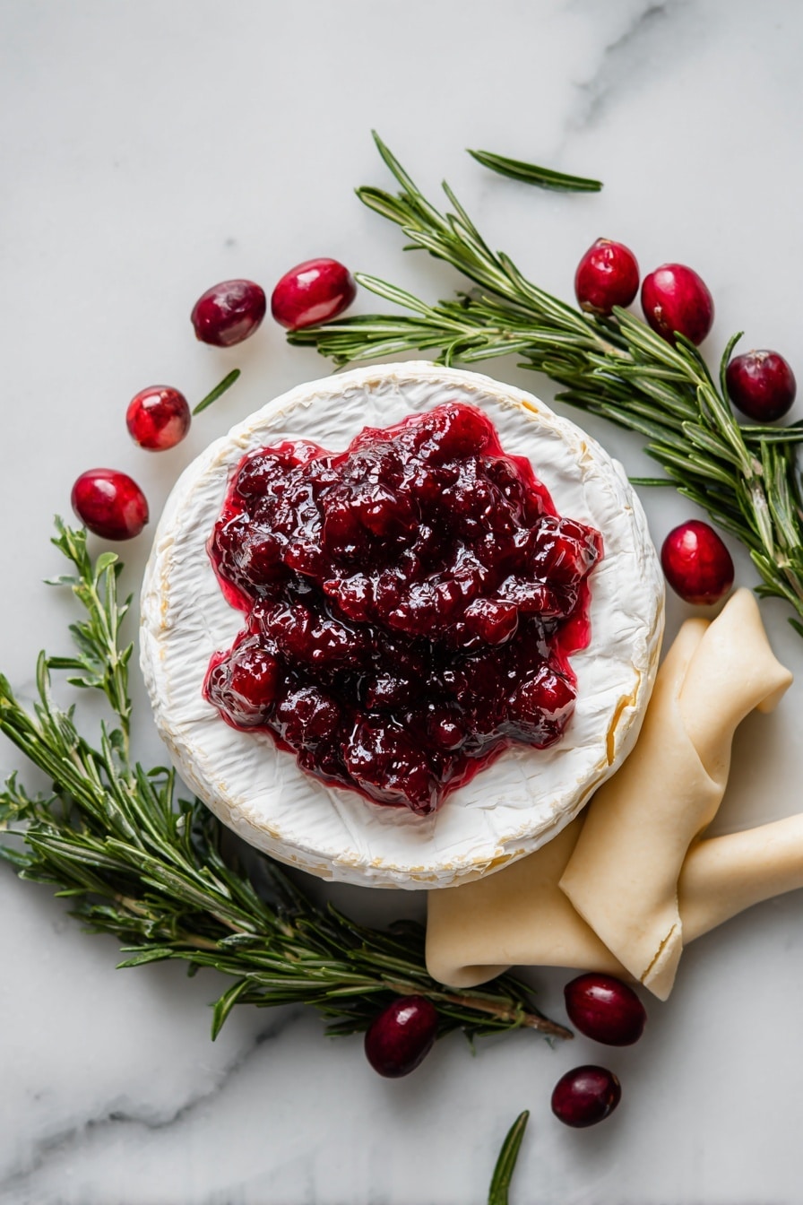 Cranberry Brie Bites, Cranberry Brie Bites recipe, festive appetizer ideas, easy appetizer recipes, holiday party snacks - Flat lay of a whole wheel of creamy brie cheese with its soft white rind, a generous spoonful of glossy, deep red whole berry cranberry sauce with visible berries, fresh vibrant green rosemary sprigs with needle-like leaves, and smooth pale beige crescent dough sheet partly unrolled showing its soft, pliable texture, all beautifully arranged with natural spacing and slight overlaps to highlight textures and colors, placed on white marbled surface, photo taken with an iphone --ar 2:3 --v 7