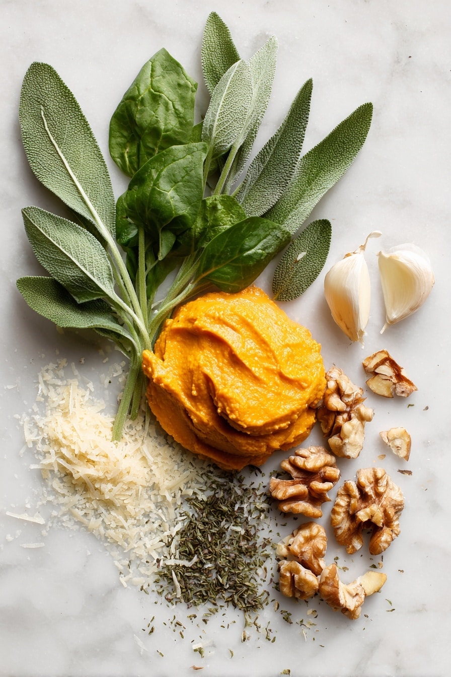 Pumpkin Pasta, Creamy Pumpkin Pasta, Fall Pasta Recipes, Pumpkin Dinner Ideas, Easy Pumpkin Pasta - Flat lay of bright orange pumpkin purée in a smooth dollop, fresh vibrant green spinach leaves scattered naturally, whole sage leaves with their soft fuzzy texture and muted green color, a small pile of chopped light brown walnuts with rough edges, glossy dark green roasted pepitas clustered together, peeled garlic cloves showing their creamy white surface, a handful of pale yellow grated parmesan shreds lying loosely, and dried sage powder sprinkled subtly, all beautifully arranged with natural spacing and contrast, placed on white marbled surface, photo taken with an iphone --ar 2:3 --v 7