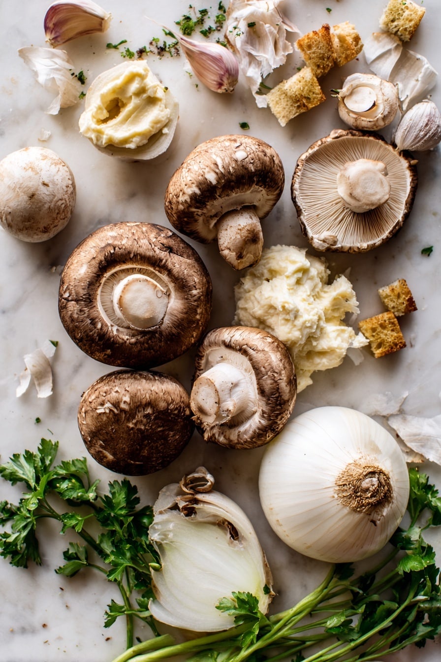 Creamy Mushroom Soup with Croutons and Fresh Herbs, mushroom soup recipes, hearty mushroom soup, comforting soup with herbs, easy mushroom soup - Flat lay of fresh white button mushrooms and Swiss brown cremini mushrooms, their smooth caps and textured gills creating a natural mix of creamy white and rich brown tones; a halved and whole onion showing crisp white layers with light purple skin; peeled garlic cloves with their papery skins curling gently; a small bunch of bright green parsley with delicate leaves; a dollop of thick, creamy crème fraiche with a soft, velvety texture; golden-brown toasted croutons casting warm hues and crunchy edges; all arranged organically with some loose mushroom slices and scattered parsley leaves, placed on white marbled surface, photo taken with an iphone --ar 2:3 --v 7