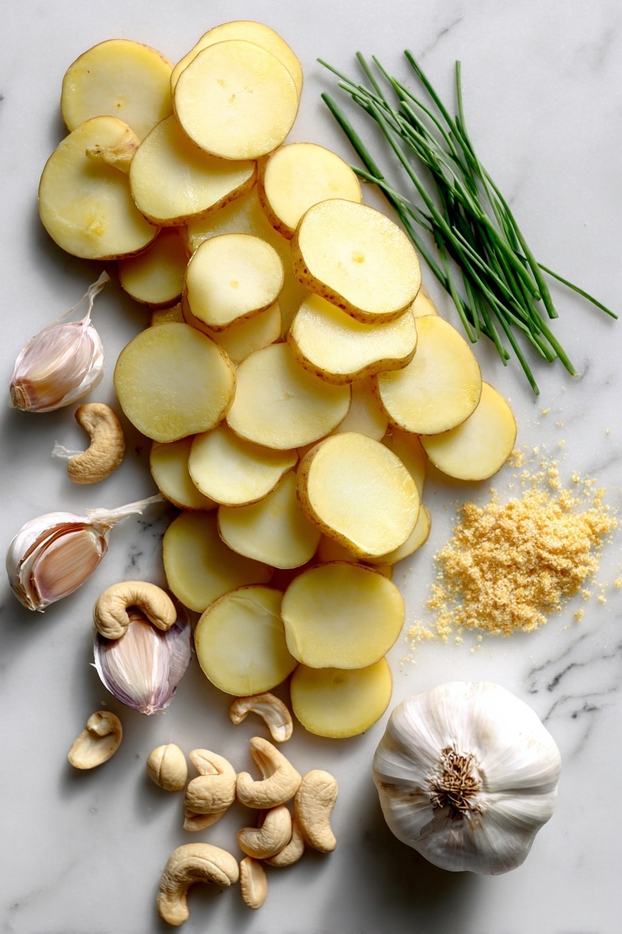 Vegan Scalloped Potatoes, vegan potato casserole, dairy-free scalloped potatoes, plant-based comfort food, vegan potato dishes - Flat lay of golden Yukon gold potatoes sliced thinly with smooth pale yellow skin, raw cashews creamy beige in color, a handful of bright green fresh chives finely chopped, a large glossy white onion with delicate purple edges, plump garlic cloves with their papery white skins slightly peeled back, and a small mound of pale golden nutritional yeast flakes, all naturally arranged with some cashews spilling gently, scattered chives, and sliced potatoes layered loosely, placed on white marbled surface, photo taken with an iphone --ar 2:3 --v 7