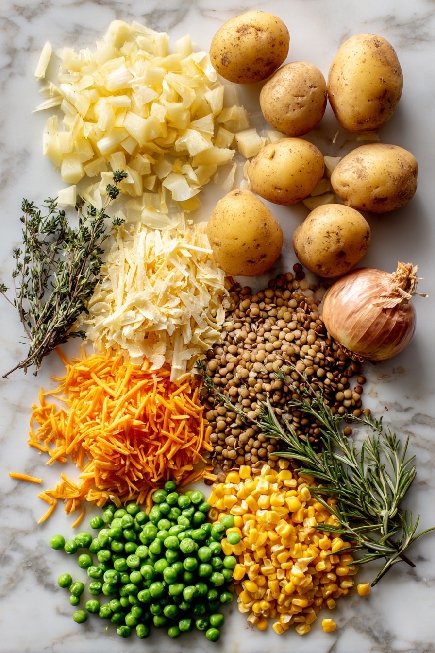 Lentil Shepherd’s Pie with Cheesy Mashed Potatoes, vegan shepherd’s pie, hearty lentil casserole, cheesy mashed potato topping, plant-based comfort food - Flat lay of peeled russet potatoes with a rough, starchy texture, bright yellow diced onion pieces, smooth garlic cloves with papery skins, cooked brown lentils with a soft, round shape, vibrant green frozen peas mixed with small, bright orange carrot chunks, plump golden yellow corn kernels, fresh sprigs of dried rosemary and thyme displaying delicate needle-like leaves and tiny rounded leaves in earthy green hues, sprinkled with shredded vegan cheddar cheese in rich orange-yellow strands, all arranged naturally and invitingly with some ingredients overlapping gently, placed on white marbled surface, photo taken with an iphone --ar 2:3 --v 7