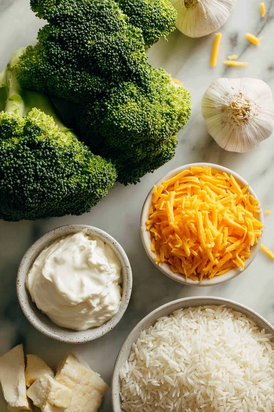 Cheesy Broccoli Rice Vegan Casserole, vegan cheesy broccoli casserole, dairy-free broccoli rice bake, plant-based broccoli casserole, healthy vegan rice and broccoli dish - Flat lay of vibrant green broccoli florets with rich texture, plump white long grain rice grains scattered softly nearby, tender pieces of golden-brown vegan chicken with a slightly crispy surface, four cloves of fresh garlic with papery white skins, a small mound of bright orange vegan shredded cheddar cheese with a delicate melt-ready texture, creamy off-white vegan cream in a smooth dollop, all naturally arranged with gentle overlaps and soft shadows, placed on white marbled surface, photo taken with an iphone --ar 2:3 --v 7