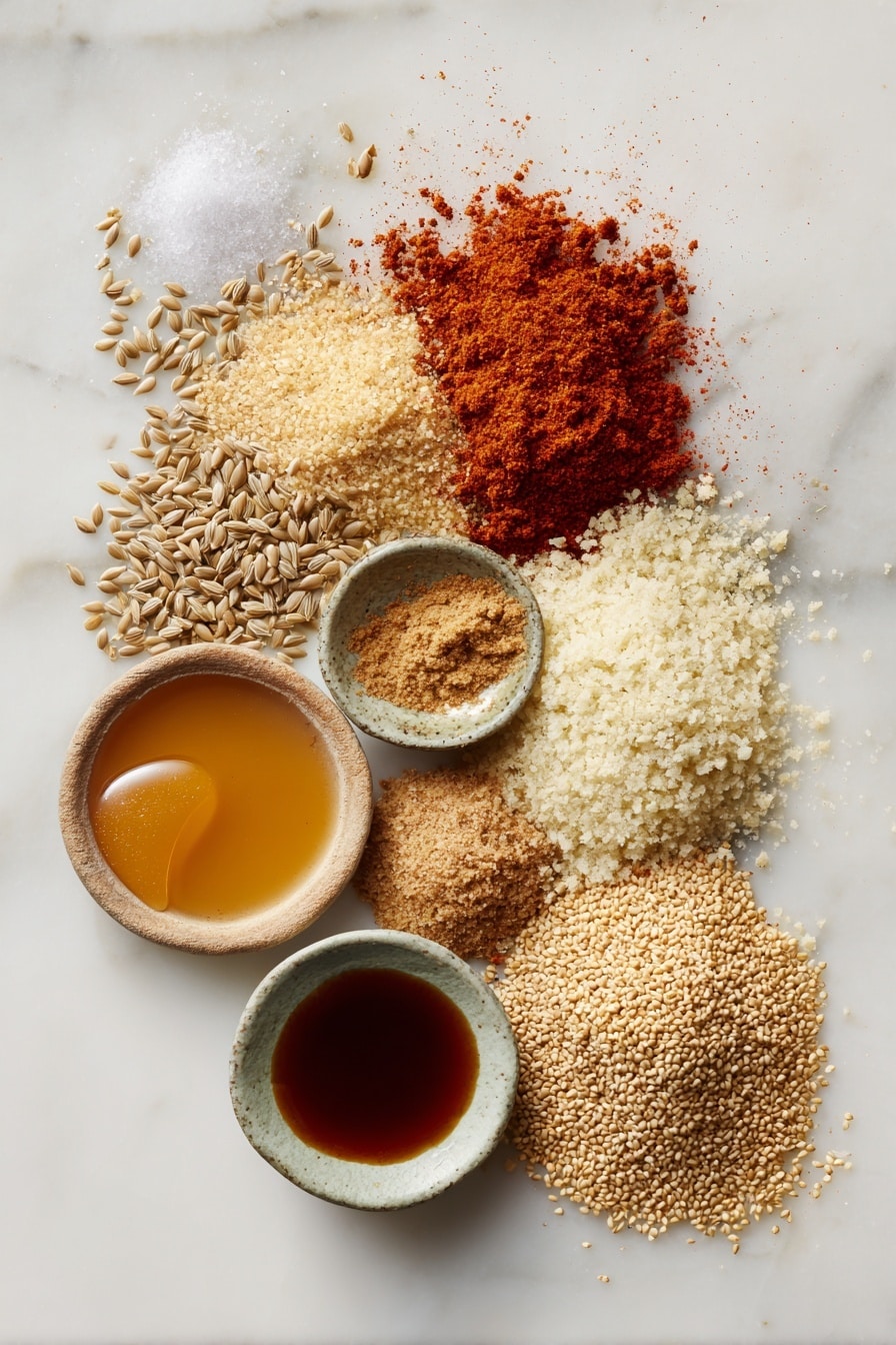 Vegan Breakfast Sausage, plant-based sausage recipe, vegan sausage breakfast ideas, homemade vegan sausage, savory vegan breakfast options - Flat lay of textured vegetable protein chunks soaking in warm golden vegetable broth, scattered fennel seeds with their tiny oval shapes, vibrant rusty red smoked paprika powder dusted lightly, smooth piles of pale beige onion and garlic powders, small heap of rich brown soy sauce glistening in a drop, golden ground flaxseeds showing their fine grainy texture, soft fluffy white panko breadcrumbs, and a small amber pool of pure maple syrup catching light, all beautifully arranged with natural spacing and gentle overlaps, placed on white marbled surface, photo taken with an iphone --ar 2:3 --v 7