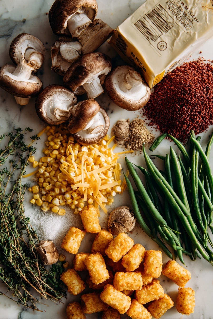 Vegan Tater Tot Casserole with Impossible Ground Beef and Veggie Topping, plant-based tater tot casserole, vegan comfort food recipe, dairy-free potato casserole, easy vegan dinner - Flat lay of fresh cremini mushrooms with rich brown caps and creamy white stems, bright yellow corn kernels scattered in a small pile, vibrant green beans with smooth surfaces and crisp ends, a block of golden vegan cheddar cheese shreds loosely gathered, a mound of textured Impossible brand vegan ground beef in deep reddish-brown hues, raw golden tater tots with crisp potato texture, a smooth coconut milk carton partially opened showing white creamy liquid, and sprigs of dried oregano and ground cumin spices in small neat heaps, all naturally arranged with gentle overlaps and shadows emphasizing their fresh textures, placed on white marbled surface, photo taken with an iphone --ar 2:3 --v 7