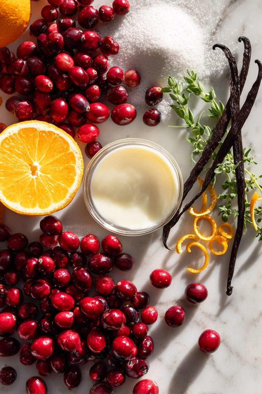 Cranberry Orange Muffins, Cranberry Orange Muffin Recipe, Easy Cranberry Muffins, Moist Fruit Muffins, Bright Breakfast Treats - Flat lay of bright red fresh cranberries scattered next to vibrant orange halves and delicate orange zest curls, smooth pale yellow canola oil glistening in a small natural pool, creamy white soy milk in a subtle splash, a small mound of pure white granulated sugar sparkling softly, warm vanilla beans with their dark brown seeds visible, and a few sprigs of fresh green herbs gently resting nearby, all beautifully arranged with natural light highlighting the textures and colors, placed on white marbled surface, photo taken with an iphone --ar 2:3 --v 7