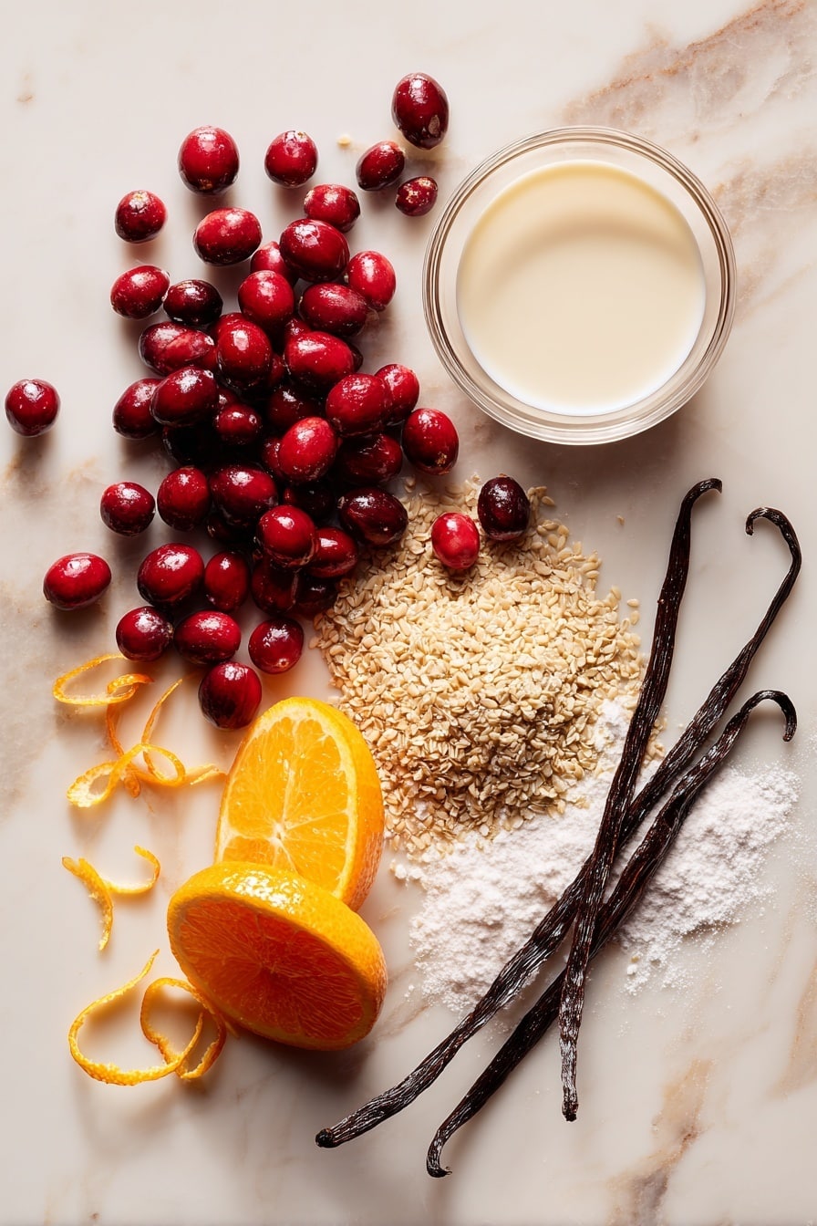 Cranberry Orange Bread, Cranberry Orange Cake, Orange Glaze Bread, Fall Breakfast Bread, Citrus Cranberry Loaf - Flat lay of fresh whole cranberries with their deep red color and glossy texture, a bright orange with vibrant zest and juicy wedges, a small pile of golden ground flaxseeds showing their grainy texture, a light sprinkling of white all-purpose flour, a smooth pool of golden canola oil shimmering slightly, a small glass of creamy soy milk with its soft white tone, and a sprig of fresh vanilla bean pods in dark brown, all naturally arranged with some orange zest curls scattered delicately around, placed on white marbled surface, photo taken with an iphone --ar 2:3 --v 7