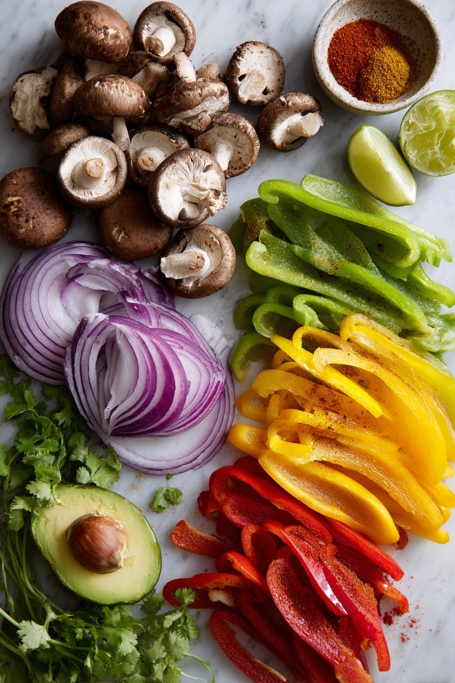 Vegetarian Fajitas, Vegetarian Fajitas Recipe, Healthy Vegetarian Fajitas, Easy Veggie Fajitas, Spicy Vegetarian Fajitas - Flat lay of vibrant red, green, and yellow bell peppers sliced into long strips, glossy cremini mushrooms with rich brown caps and smooth texture, thinly sliced red onion rings showing their deep purple and white layers, bright green lime wedges with juicy segments visible, fresh cilantro sprigs with delicate leaves, ripe avocado halves with creamy green flesh, and a small pile of colorful chili powder, ground cumin, and smoked paprika powders in warm red and orange hues artfully scattered, placed on white marbled surface, photo taken with an iphone --ar 2:3 --v 7