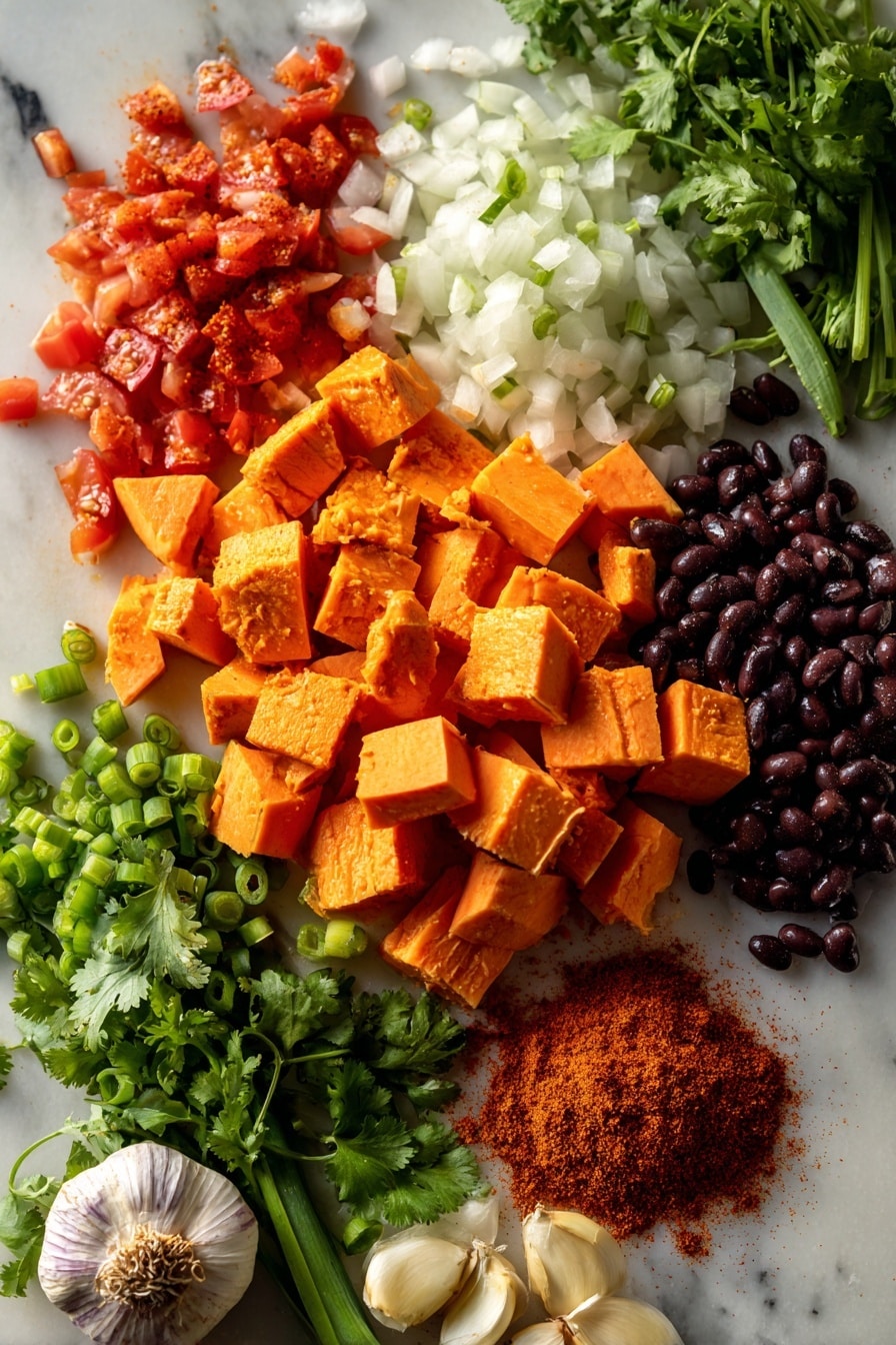 Sweet Potato Black Bean Chili, hearty vegetarian chili, easy healthy chili, cozy vegan chili recipe, nourishing plant-based chili - Flat lay of bright orange diced sweet potatoes with smooth skin, glossy black beans scattered around, vibrant red diced tomatoes with juicy textures, chopped white onion pieces with delicate layers, fresh green cilantro leaves, thinly sliced green onions with crisp edges, whole garlic cloves with papery skins, and deep red chili powder sprinkled artfully, all arranged naturally to showcase contrasting colors and textures, placed on white marbled surface, photo taken with an iphone --ar 2:3 --v 7