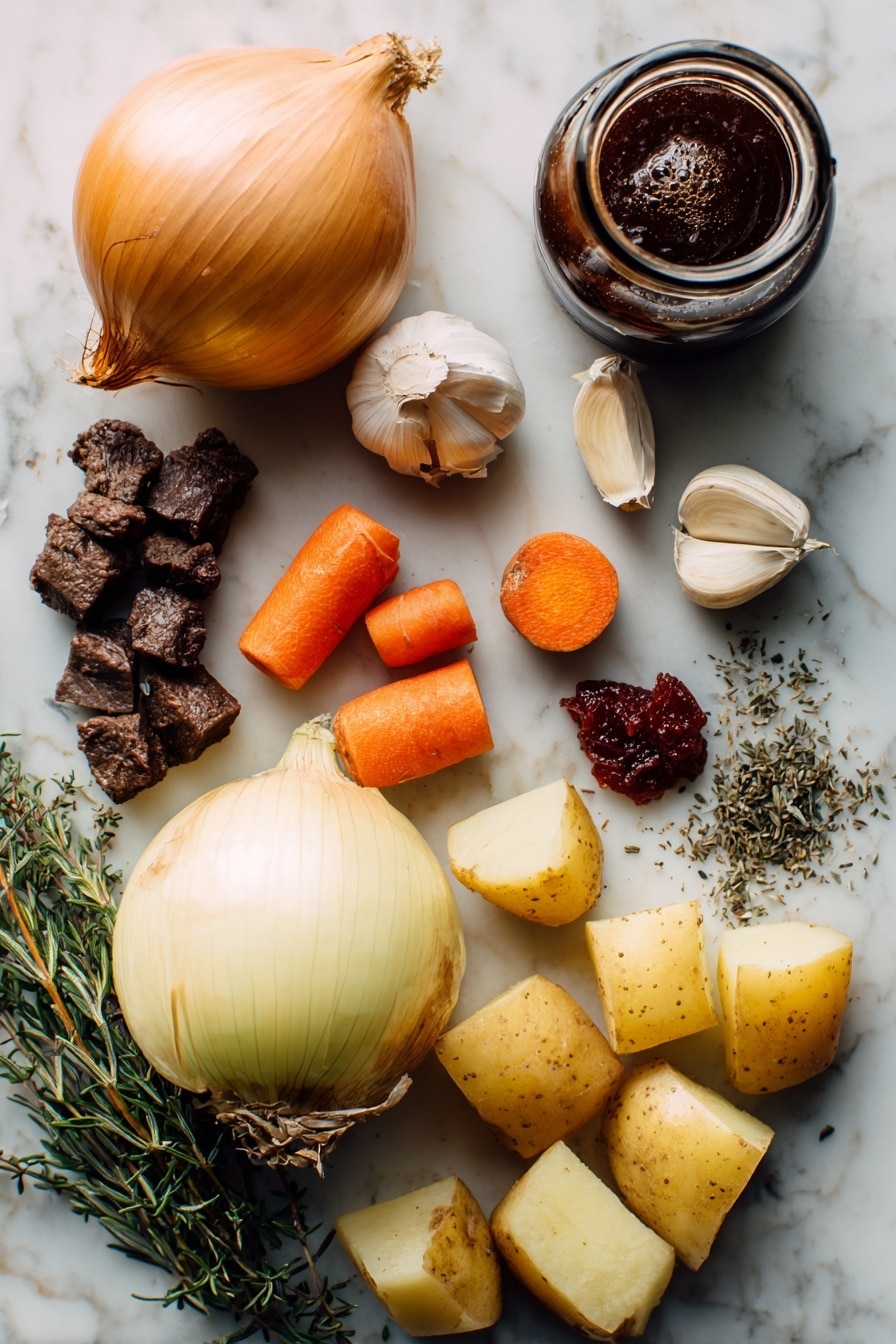 Vegan Irish Stew, Plant-Based Irish Stew, Vegan Irish Stew Recipe, Vegan Hearty Stew, Irish Stew without Meat - Flat lay of large sweet yellow onion with papery skin and some layers peeling, peeled orange carrots cut into chunks showing fresh texture, golden Yukon potatoes cut into rustic chunks with slightly rough skin edges, a small pile of dark brown Gardein beefless tips with a meaty texture, three peeled garlic cloves with a smooth white surface, dried rosemary and thyme sprigs scattered loosely with green-gray hues, a small heap of deep red tomato paste, and a glossy bottle of dark brown stout beer partially visible, all arranged naturally with some herbs overlapping the vegetables, placed on white marbled surface, photo taken with an iphone --ar 2:3 --v 7