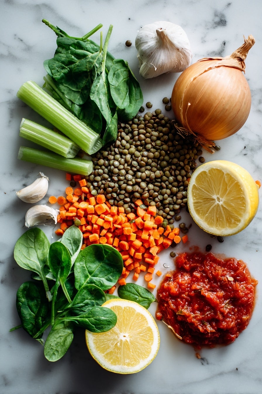 The Best Lentil Soup, hearty lentil soup recipe, easy lentil soup, healthy lentil soup, comforting lentil soup - Flat lay of fresh green and brown lentils scattered beside bright orange chopped carrots and light green celery ribs, a whole medium onion with its papery skin partially peeled back, three plump garlic cloves with smooth white skins, a handful of vibrant baby spinach leaves showing deep green shades and delicate veins, a bright yellow lemon cut in half revealing juicy segments, and a small pile of rich red crushed tomatoes with visible seeds and pulp, all naturally arranged with soft natural light highlighting their varied textures and colors, placed on white marbled surface, photo taken with an iphone --ar 2:3 --v 7