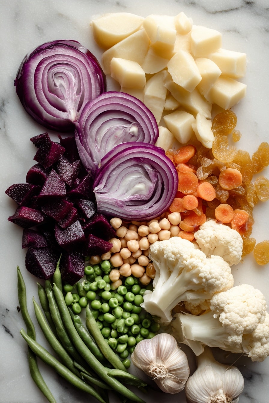 Easy Vegan Biryani, vegan Indian dinner, plant-based biryani, healthy vegan rice dish, quick vegan meal - Flat lay of fresh red onion thinly sliced with deep purple and white layers, peeled orange carrot slices cut diagonally showing vibrant texture, pale yellow Yukon gold potato chunks with smooth skin, creamy white cauliflower florets with natural curvy shapes, bright green frozen peas and green beans adding crisp freshness, light beige chickpeas with a round, matte surface, small golden raisins scattered for a touch of sweetness, fresh ginger root with knobby, light brown skin and fibrous texture, and plump garlic cloves with papery white skin arranged naturally in clusters, placed on white marbled surface, photo taken with an iphone --ar 2:3 --v 7