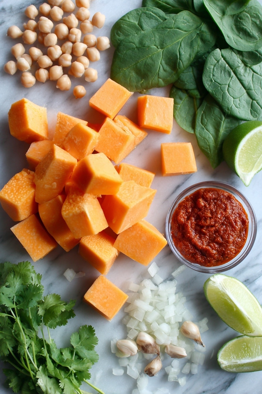 Butternut Squash Curry with Chickpeas, vegan butternut squash curry, easy vegetarian curry, healthy chickpea curry, comforting plant-based meals - Flat lay of vibrant orange butternut squash cubes with smooth, matte skin, plump light beige chickpeas, bright green baby spinach leaves with delicate veins, a small pile of finely diced translucent sweet onion, pale beige garlic cloves with papery texture, fresh ginger root showing its knobby light brown skin and creamy interior, vivid deep red curry paste dollops with a glossy texture, shiny fresh lime wedges revealing juicy, bright green flesh, and a small bunch of leafy cilantro with rich green hues and feathery edges, all beautifully arranged with natural spacing and slight overlaps, placed on white marbled surface, photo taken with an iphone --ar 2:3 --v 7
