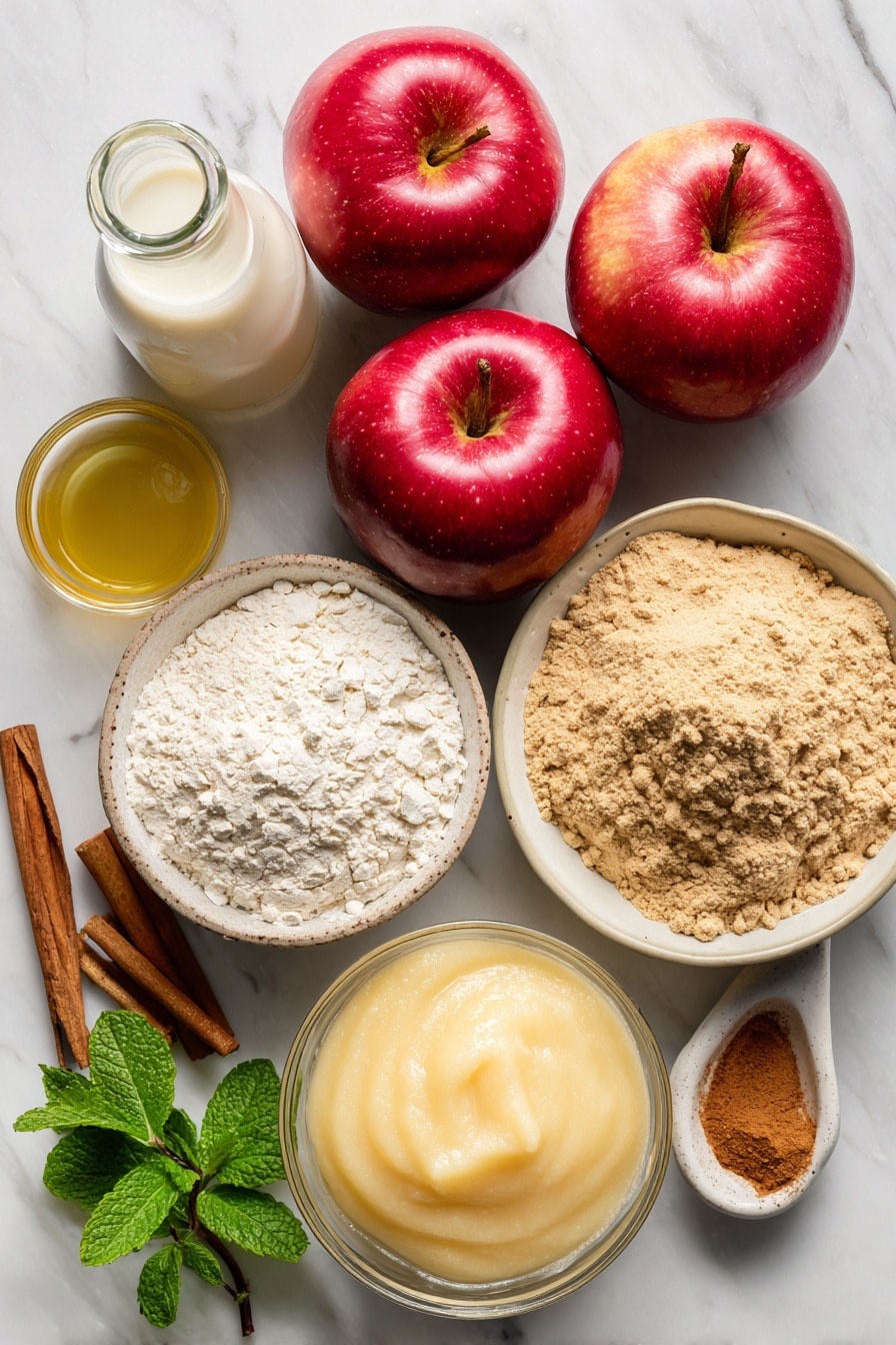 Vegan Apple Cider Donuts, Fall Vegan Donuts, Plant-Based Apple Donuts, Vegan Cinnamon Sugar Donuts, Easy Vegan Fall Recipes - Flat lay of fresh red apples with smooth, shiny skin, a small bowl of golden apple cider, a jar of light brown ground cinnamon powder with a soft texture, a mound of whole wheat pastry flour in fine, powdery heaps, creamy off-white soy milk in a glass bottle, a scoop of golden yellow vegan butter with a slightly glossy surface, and a bowl of smooth, pale applesauce with a soft, thick texture, beautifully arranged with a few cinnamon sticks and a sprig of fresh green mint for color contrast, placed on white marbled surface, photo taken with an iphone --ar 2:3 --v 7