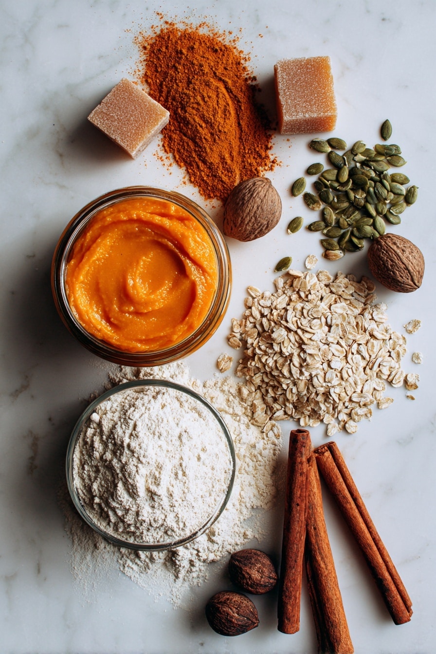 Vegan Pumpkin Bread, vegan pumpkin bread recipe, dairy-free pumpkin bread, egg-free pumpkin bread, plant-based pumpkin bread - Flat lay of bright orange canned pumpkin puree in a glass jar, warm brown sugar crystals in a small heap, glossy green pepitas scattered artistically, light beige ground flaxseeds forming a small mound, a smooth carton of creamy soy milk with a gentle shine, cinnamon sticks with their rich reddish-brown bark, nutmeg seeds showing their rough textured surface, and raw all-purpose flour softly dusted in a pile, all arranged naturally with some ingredients overlapping slightly, placed on white marbled surface, photo taken with an iphone --ar 2:3 --v 7