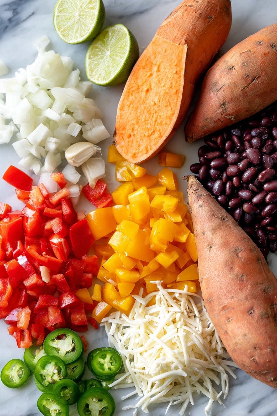 Loaded Vegan Sweet Potato Skins with Black Beans and Vegetables, vegan sweet potato skins, plant-based stuffed sweet potatoes, healthy vegan snack, savory vegan appetizer - Flat lay of three vibrant orange sweet potatoes with textured skins, a small pile of finely chopped white onions, two cloves of peeled garlic showing their smooth, creamy surface, bright red diced tomatoes with juicy flesh, colorful mixed bell pepper pieces in red, yellow, and green, a heap of shiny black beans with a glossy finish, scattered shreds of creamy white vegan mozzarella cheese, a halved lime showing its fresh green interior, and small bright green jalapeño slices with seeds visible, all naturally arranged with slight overlaps and shadows, placed on white marbled surface, photo taken with an iphone --ar 2:3 --v 7