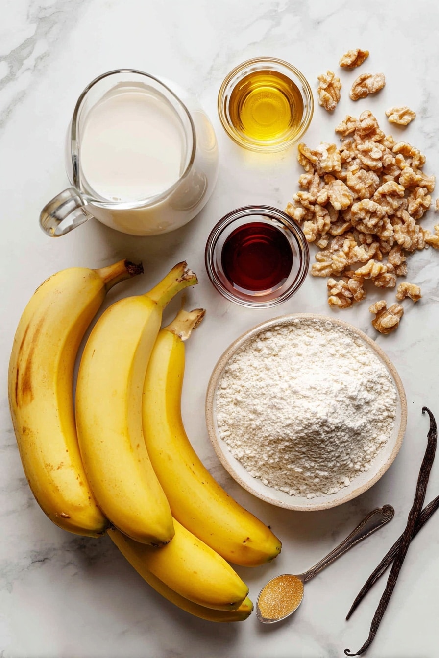 Quick & Easy Vegan Banana Muffins, vegan banana muffins, healthy banana muffin recipe, plant-based banana muffins, quick vegan breakfast muffins - Flat lay of ripe yellow bananas with smooth peels, a small pile of golden brown chopped walnuts showing their rough texture, a glass jug of creamy white non-dairy milk, a small heap of white all-purpose flour dusted softly, a mound of light brown granulated sugar with sparkling crystals, a dark amber bottle of vanilla extract catching the light, and a spoonful of golden canola oil glistening slightly, all naturally arranged with a touch of green from fresh vanilla beans or cinnamon sticks for contrast, placed on white marbled surface, photo taken with an iphone --ar 2:3 --v 7