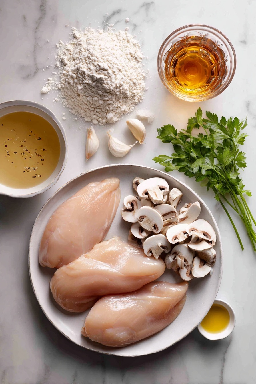 Chicken Marsala, Chicken Marsala recipe, easy chicken Marsala, how to make Chicken Marsala, restaurant-style Chicken Marsala - Flat lay of four thin boneless skinless chicken breasts, a small mound of all-purpose flour on a shallow white plate, a few cloves of garlic peeled and minced, a handful of sliced white and cremini mushrooms, a small bunch of fresh parsley with some leaves minced, a glass partially filled with amber Marsala wine, a small bowl of light chicken broth, two teaspoons of golden olive oil in a tiny dish, placed on a white marble surface, photo taken with an iphone --ar 2:3 --v 7