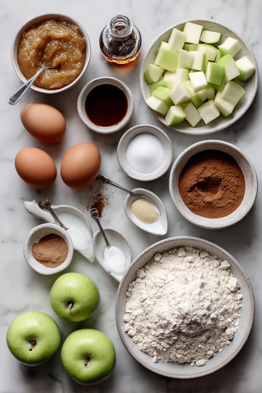 Moist Cinnamon Apple Bread, cinnamon apple bread, fall apple bread, cozy apple dessert, easy apple bread - Flat lay of a small bowl of unsweetened applesauce, three large brown eggs, a small glass bottle of vanilla extract, a small bowl of white granulated sugar, a small bowl of brown sugar, a medium pile of all-purpose flour, a few teaspoons of baking soda and salt in small ceramic spoons, two teaspoons of ground cinnamon scattered lightly, and a generous pile of diced green Granny Smith apples with some peeled apple halves placed nearby, arranged artfully on a white marble surface, photo taken with an iphone --ar 2:3 --v 7