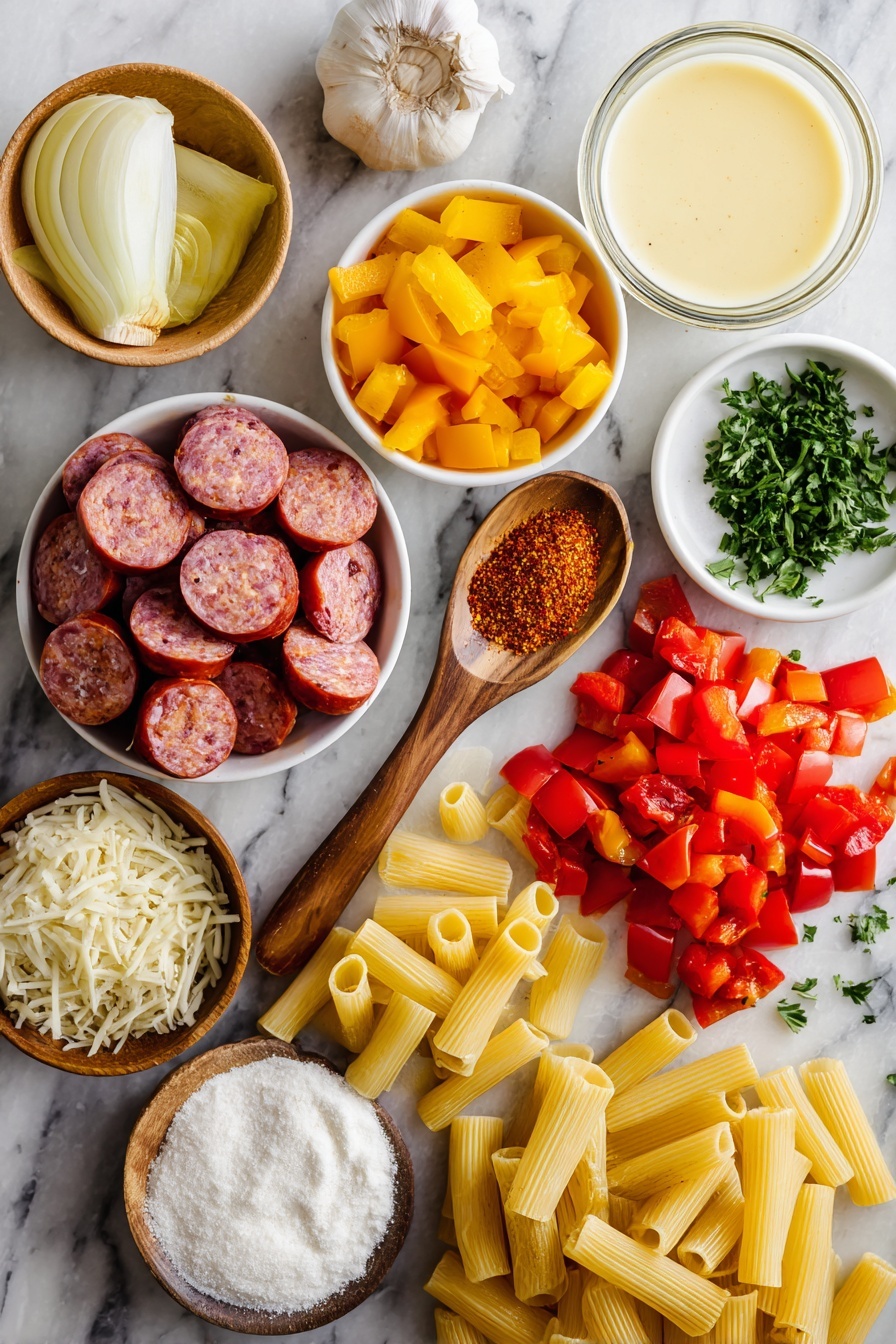 One Pot Creamy Cajun Sausage Pasta, Cajun sausage pasta, creamy Cajun pasta, one pot Cajun dinner, easy Cajun sausage recipe - Flat lay of a small dish of golden olive oil, one medium yellow onion and one medium red bell pepper both diced with vibrant colors, a pile of sliced andouille sausage rounds about a dozen pieces, a small heap of minced garlic, a wooden spoonful of reddish Cajun seasoning, a scattering of uncooked rigatoni pasta, two cans of bright diced tomatoes opened with some tomatoes spilling out, a clear cup of creamy heavy cream, a small mound of shredded Parmesan cheese, a few tablespoons of chopped fresh parsley, and a small bowl of white cornstarch powder, all placed on a white marble surface, photo taken with an iphone --ar 2:3 --v 7