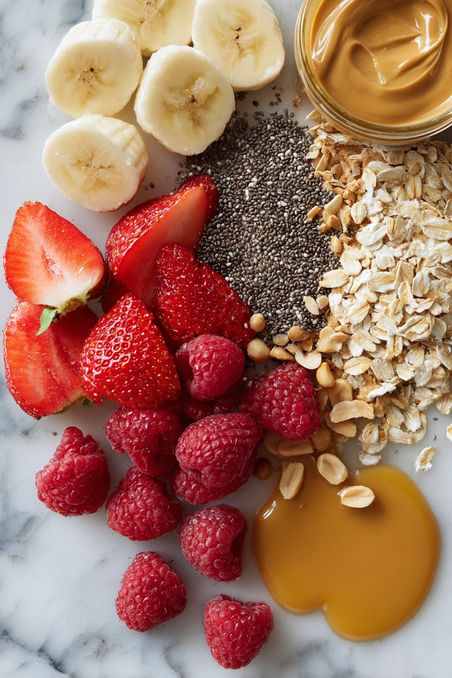 Peanut Butter Overnight Oats, healthy breakfast ideas, easy overnight oats, nutritious breakfast recipes, vegan overnight oats - Flat lay of creamy peanut butter in smooth dollops, a neat pile of rolled oats, glossy chia seeds scattered artistically, a small pool of golden maple syrup, fresh ripe strawberries sliced to reveal their vibrant red interiors, plump raspberries with delicate texture, fresh banana slices with soft yellow tones, and a handful of chopped peanuts adding crunch and contrast, all placed on a white marble surface, photo taken with an iphone --ar 2:3 --v 7