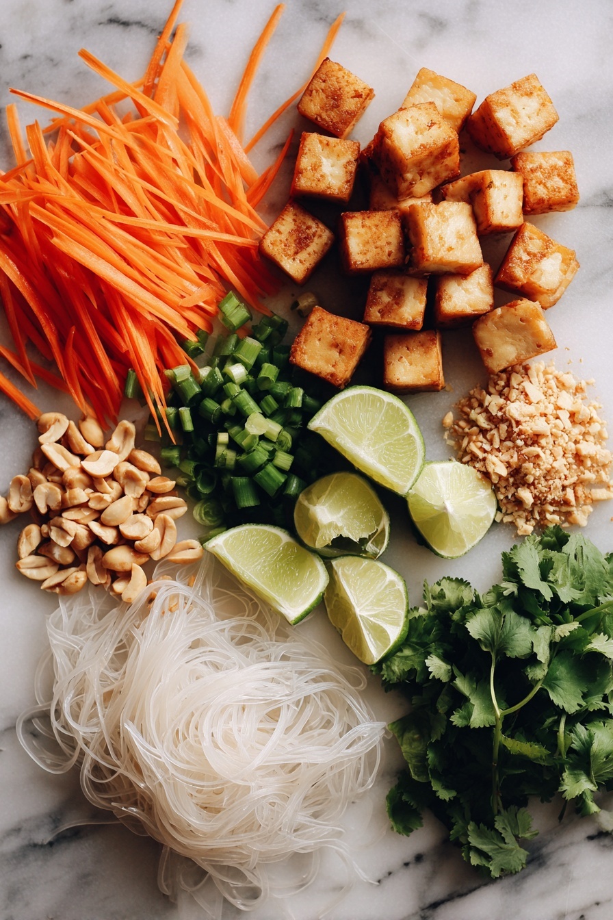 Vegan Pad Thai, vegan Thai noodles, plant-based Pad Thai, vegan noodle stir-fry, vegan Thai recipes - Flat lay of golden crispy tofu cubes, bright orange julienne carrots, fresh green chopped scallions, vibrant lime wedges, fresh green cilantro leaves, crunchy light brown crushed peanuts, white mung bean sprouts, and pale translucent stir fry rice noodles, all beautifully arranged on a white marble surface, photo taken with an iphone --ar 2:3 --v 7