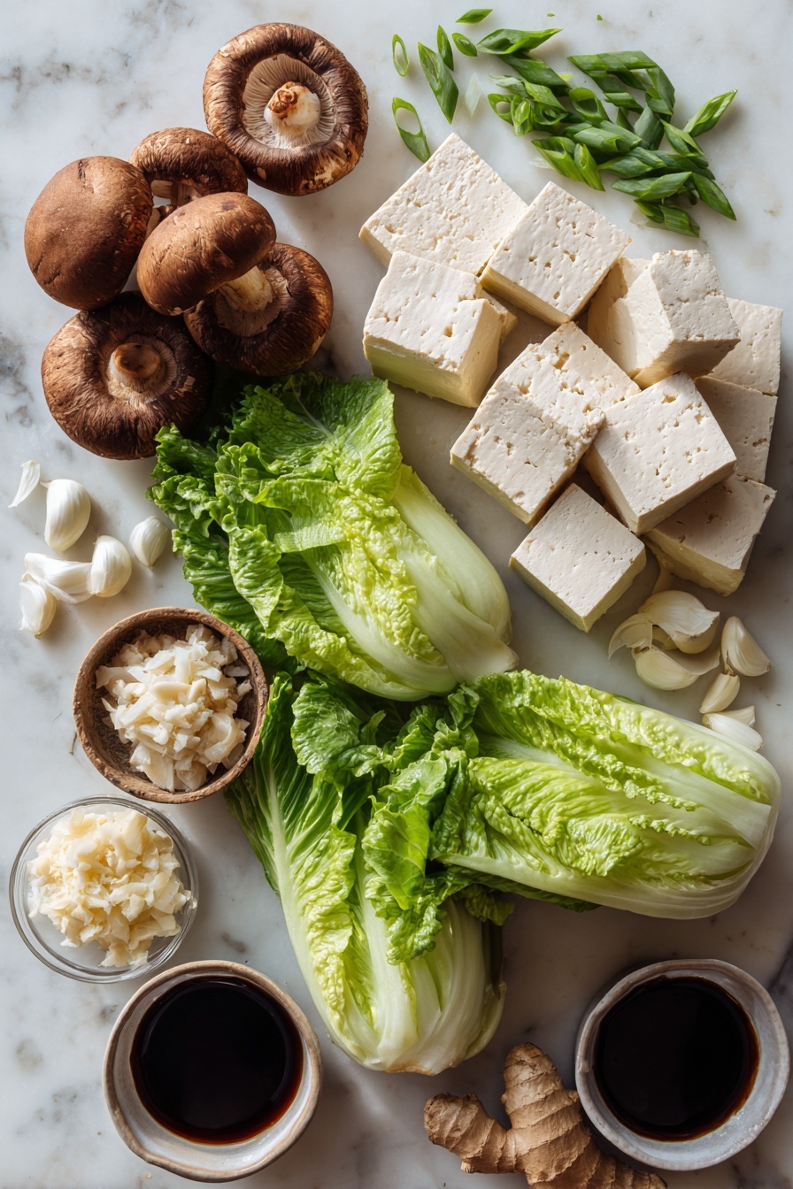 Tofu Lettuce Wraps, healthy tofu wraps, quick vegetarian dinner, crunchy tofu lettuce wraps, easy Asian lettuce wraps - Flat lay of firm tofu blocks, fresh butter lettuce leaves separated in clusters, whole cremini mushrooms with rich brown caps, chopped water chestnuts showing their crunchy white interior, bright green sliced spring onions, peeled garlic cloves, a small pile of fresh grated ginger, and a small dish of dark hoisin sauce, all beautifully arranged on a white marble surface, photo taken with an iphone --ar 2:3 --v 7