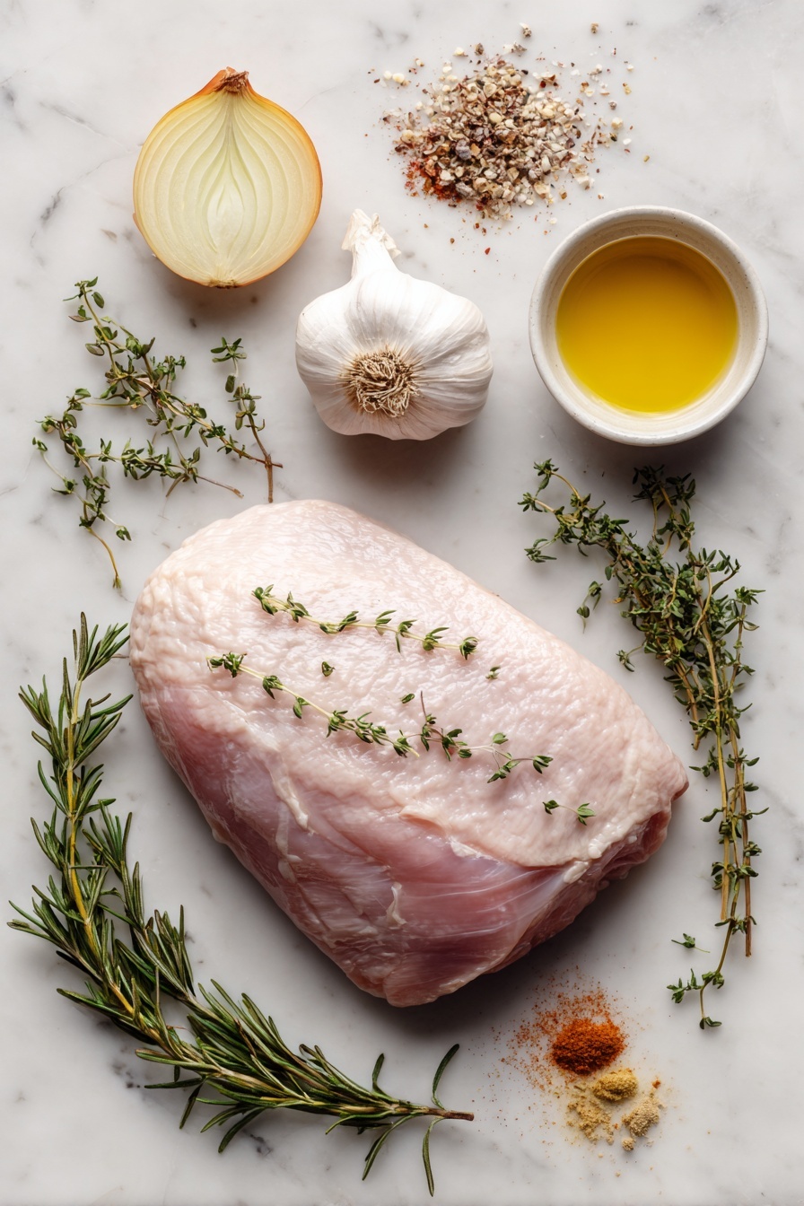 Slow Cooker Herb-Seasoned Turkey Breast, juicy turkey recipe, easy holiday turkey, tender turkey meat, herb-infused turkey dinner - Flat lay of a raw boneless turkey breast surrounded by fresh sprigs of thyme and rosemary, a head of garlic halved horizontally showing its cloves, a yellow onion cut in half revealing its layers, small piles of garlic powder, paprika, and onion powder, and a small pool of golden olive oil, placed on a white marble surface, photo taken with an iphone --ar 2:3 --v 7