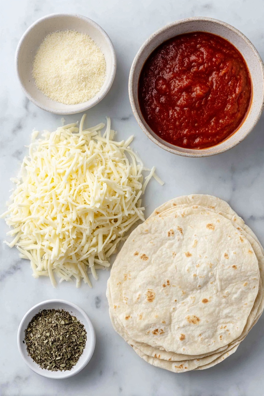 Air Fryer Pizza Rolls, easy pizza snacks, crispy homemade pizza bites, quick air fryer appetizers, cheesy snack ideas - Flat lay of two whole wheat tortillas stacked slightly offset, a small white ceramic bowl filled with shredded mozzarella cheese, another small white ceramic bowl containing rich red marinara sauce, a small white ceramic bowl with a heap of dried oregano, a small white ceramic bowl with dried basil leaves, and a small white ceramic bowl holding fine garlic powder, all arranged in perfect symmetry on a clean white marble surface, soft natural light, photo taken with an iPhone, professional food photography style, fresh ingredients, white ceramic bowls, no bottles, no duplicates, no utensils, no packaging --ar 2:3 --v 7 --p awthu7i m7354615311229779997