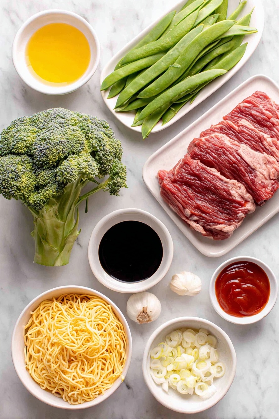 Sticky Beef & Noodles, one pan beef and noodle stir-fry, easy beef noodle recipe, quick weeknight dinner ideas, flavorful beef noodle dish - Flat lay of a small white ceramic bowl of sunflower oil, thin strips of raw steak with fat removed, a fresh head of broccoli with vibrant green florets, a handful of crisp mange tout (snow peas), a small pile of dried egg noodles, a small white bowl filled with crushed fresh ginger, a few whole uncracked cloves of garlic, a small white bowl of oyster sauce, a small white bowl of dark soy sauce, a small white bowl of honey, a small white bowl of tomato ketchup, and several fresh spring onions trimmed and sliced, all arranged with perfect symmetry and balanced proportions on a clean white marble surface, soft natural light, photo taken with an iPhone, professional food photography style, fresh ingredients, white ceramic bowls, no bottles, no duplicates, no utensils, no packaging --ar 2:3 --v 7 --p awthu7i m7354615311229779997