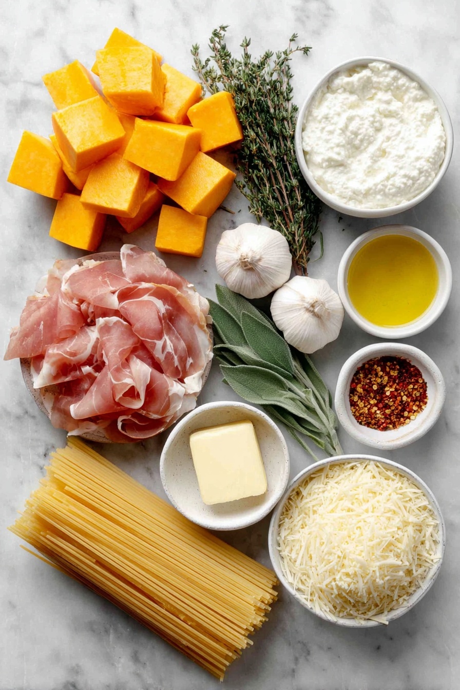 Creamy Roasted Garlic Butternut Squash Pasta, roasted garlic butternut squash pasta, fall vegetarian pasta, cozy butternut squash pasta, creamy vegan pasta - Flat lay of a small pile of cubed fresh butternut squash with deep orange color, several whole garlic cloves with papery skins intact, a few sprigs of fresh thyme with tiny green leaves, a small bunch of bright green fresh rosemary sprigs, a neat pile of thin slices of pink prosciutto, a small white ceramic bowl filled with creamy white ricotta cheese, a small white bowl holding golden extra virgin olive oil, a small white bowl containing salted butter pat, a few fresh sage leaves in a small white bowl, a small white bowl with shredded pale yellow gouda cheese, a small white bowl with finely grated parmesan cheese, a small white bowl with crushed red pepper flakes, a few whole uncracked brown eggs, and a neat bundle of uncooked linguine pasta with a pale yellow hue, all arranged symmetrically on a clean white marble surface, soft natural light, photo taken with an iPhone, professional food photography style, fresh ingredients, white ceramic bowls, no bottles, no duplicates, no utensils, no packaging --ar 2:3 --v 7 --p awthu7i m7354615311229779997