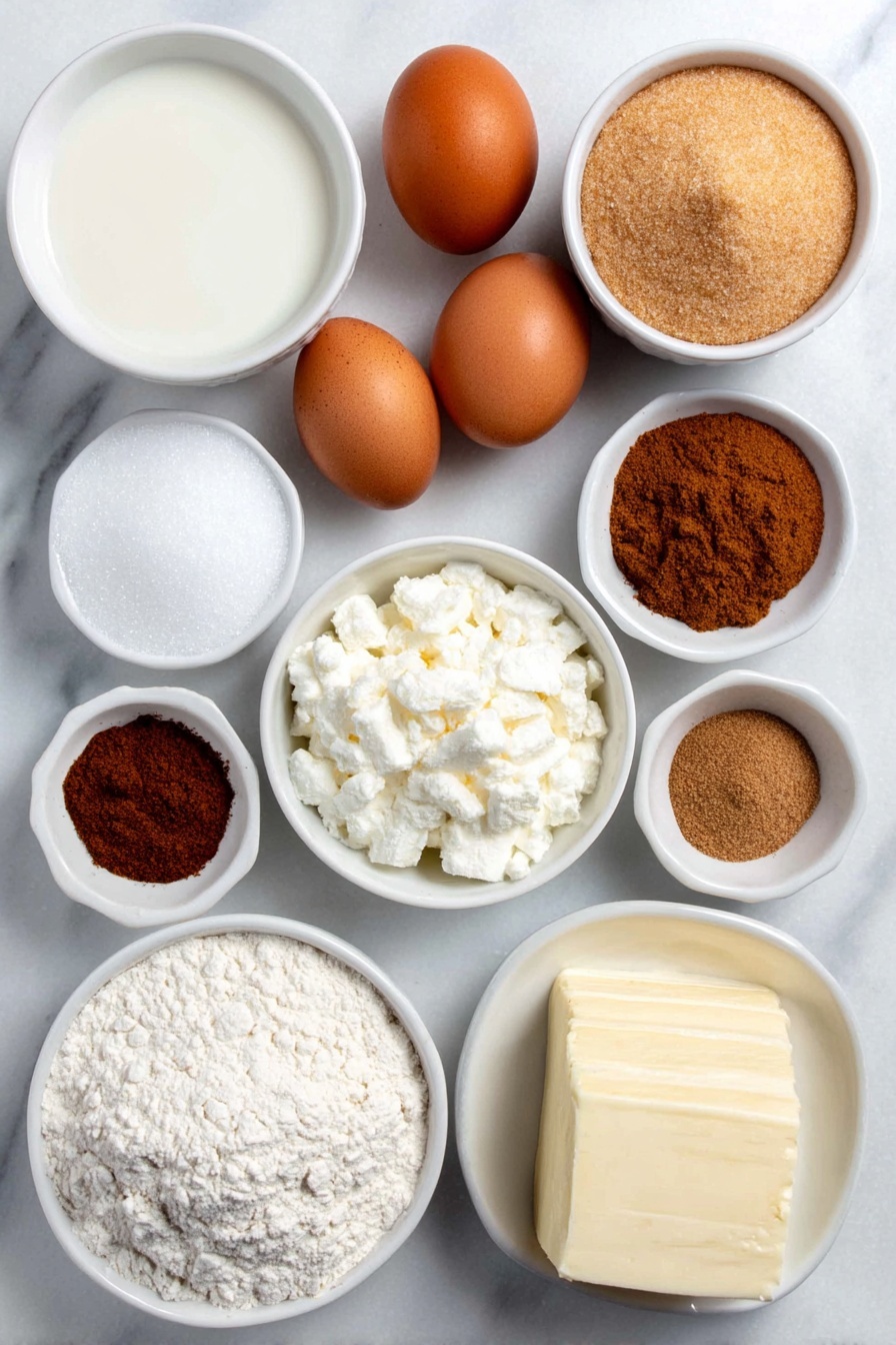 Chai Cinnamon Rolls with Caramel Sauce, chai cinnamon roll recipe, caramel chai rolls, weekend breakfast comfort, cozy chai dessert - Flat lay of a small white ceramic bowl of warm whole milk, a small white ceramic bowl with a heap of all-purpose flour, two whole uncracked brown eggs, a small white ceramic bowl of light brown sugar, a small white ceramic bowl of granulated white sugar, a small white ceramic bowl of softened unsalted butter, a small white ceramic bowl of heavy cream, a white ceramic dish holding two dry chai tea bags, small white ceramic bowls each with ground cinnamon, ground ginger, ground allspice, ground nutmeg, ground cardamom, and ground cloves, a small white ceramic bowl of honey, a small white ceramic bowl of powdered sugar, a small white ceramic bowl with cream cheese softened block, and a small white ceramic bowl of pure vanilla extract, all ingredients fresh and natural, arranged in perfect symmetry, placed on a clean white marble surface, soft natural light, photo taken with an iPhone, professional food photography style, fresh ingredients, white ceramic bowls, no bottles, no duplicates, no utensils, no packaging --ar 2:3 --v 7 --p awthu7i m7354615311229779997