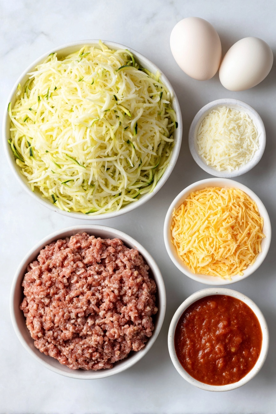 Zucchini Pizza Casserole, zucchini casserole with pizza flavors, healthy zucchini pizza bake, cheesy zucchini casserole, vegetable-packed pizza casserole - Flat lay of shredded unpeeled zucchini heaped in a simple white ceramic bowl, a small white bowl of fine salt crystals, two large whole uncracked eggs with clean shells, a small white bowl filled with finely grated pale Parmesan cheese, a small white bowl of shredded white mozzarella cheese, a small white bowl of shredded orange cheddar cheese, a mound of raw ground beef, a small pile of chopped white onion, two peeled garlic cloves, a small white bowl of smooth rich red tomato sauce, all arranged with perfect symmetry and balanced proportions, placed on a clean white marble surface, soft natural light, photo taken with an iPhone, professional food photography style, fresh ingredients, white ceramic bowls, no bottles, no duplicates, no utensils, no packaging --ar 2:3 --v 7 --p awthu7i m7354615311229779997