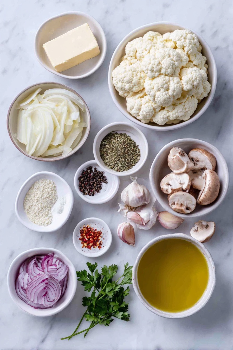 Mushroom Cauliflower Skillet, Mushroom Cauliflower Stir Fry, Vegetarian Mushroom Cauliflower Dish, Easy Mushroom Cauliflower Meal, Healthy Mushroom Cauliflower Recipe - Flat lay of a small white ceramic bowl of unsalted butter, a small white ceramic bowl of olive oil, a few thin slices of fresh onion arranged neatly, fresh cauliflower cut into small florets, whole cremini mushrooms halved and quartered, a small white ceramic bowl with dried Italian seasoning, a small white ceramic bowl of coarse salt, a small white ceramic bowl of black peppercorns, a small white ceramic bowl of vegetable broth, three whole garlic cloves, a small white ceramic bowl of red pepper flakes, and a few sprigs of fresh parsley placed on a clean white marble surface, soft natural light, photo taken with an iPhone, professional food photography style, fresh ingredients, white ceramic bowls, no bottles, no duplicates, no utensils, no packaging --ar 2:3 --v 7 --p awthu7i m7354615311229779997