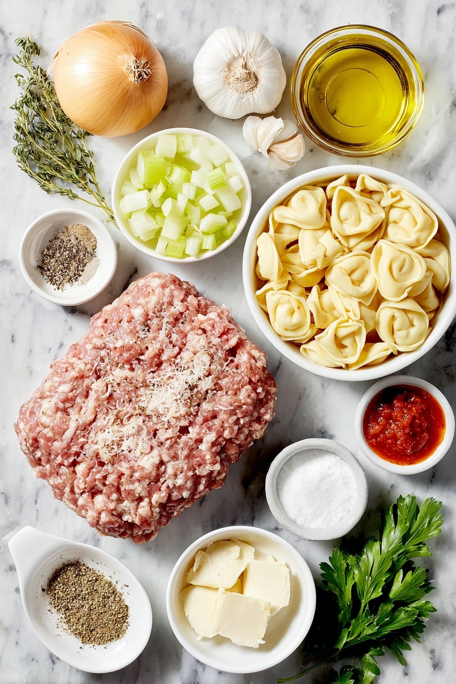 Creamy Italian Sausage Tortellini Soup, Italian sausage soup, creamy tortellini soup, comforting sausage soup recipe, easy Italian soup - Flat lay of a small mound of raw mild Italian sausage, a diced yellow onion, two diced celery stalks, two peeled and diced large carrots, three peeled garlic cloves, a small white bowl of coarse kosher sea salt, a small white bowl of ground black pepper, a small white bowl of mixed Italian seasoning, a small white bowl of crushed fennel seeds, a small white bowl with a dollop of rich red tomato paste, a small white bowl of dry white wine, a small white bowl of all-purpose flour, a small white bowl of golden chicken broth, fresh refrigerated cheese tortellini, a small white bowl of creamy half and half, a small handful of fresh chopped spinach, fresh parmesan wedge, and a few sprigs of fresh parsley placed on a clean white marble surface, soft natural light, photo taken with an iPhone, professional food photography style, fresh ingredients, white ceramic bowls, no bottles, no duplicates, no utensils, no packaging --ar 2:3 --v 7 --p awthu7i m7354615311229779997