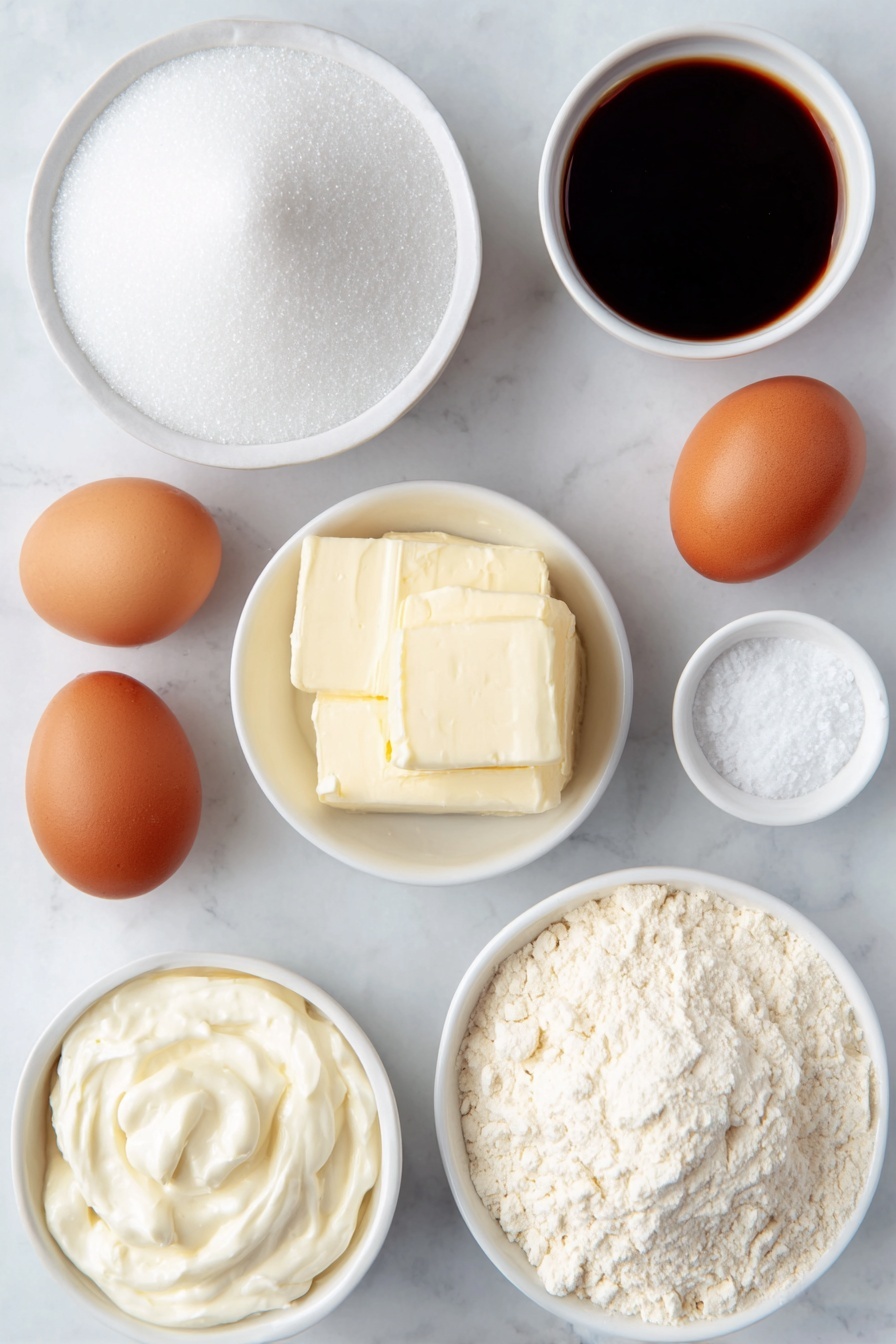 French Butter Cake, French Butter Cake recipe, buttery dessert, easy French cake, tender butter cake - Flat lay of a small white ceramic bowl of granulated sugar, a small white ceramic bowl with softened unsalted butter, three whole brown eggs with clean shells, a small white ceramic bowl of pale vanilla extract, a small white ceramic bowl of sifted cake flour, a small white ceramic bowl containing baking powder, a small white ceramic bowl of fine salt, a small white ceramic bowl of thick sour cream, and a small white ceramic bowl with granulated sugar for topping, all arranged in perfect symmetry and balanced proportions, placed on a clean white marble surface, soft natural light, photo taken with an iPhone, professional food photography style, fresh ingredients, white ceramic bowls, no bottles, no duplicates, no utensils, no packaging --ar 2:3 --v 7 --p awthu7i m7354615311229779997