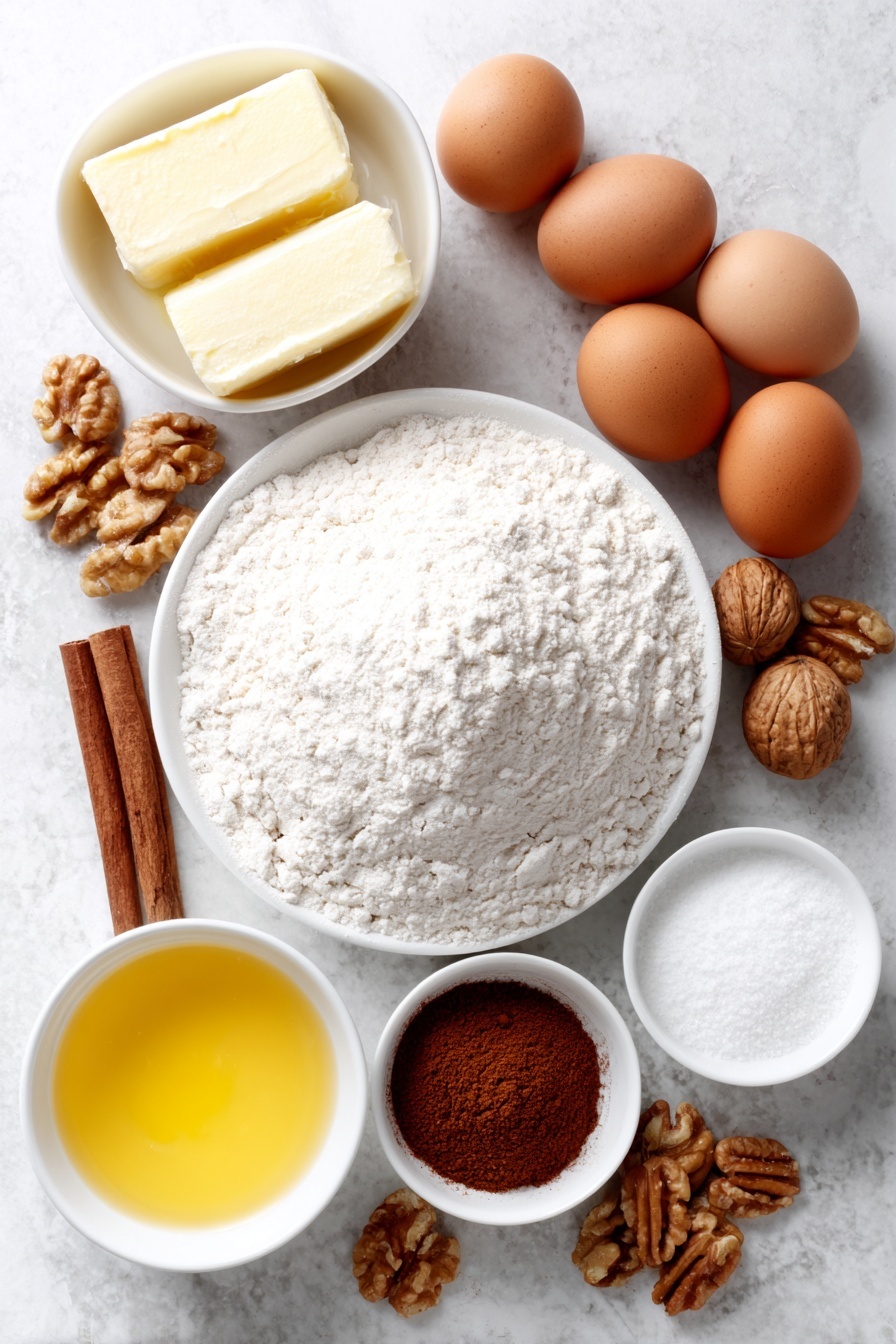 Gluten-Free Greek Honey Cake, Greek Honey Cake, Gluten-Free Cake, Honey Cake Recipe, Greek Dessert - Flat lay of a small mound of gluten free flour blend, a few scattered whole walnuts, a whole cinnamon stick, a small pile of ground cinnamon powder, three brown eggs with clean shells, a small white ceramic bowl with softened butter, a small white ceramic bowl of white sugar, a small white ceramic bowl of honey, a small white ceramic bowl of water, a small white ceramic bowl of fresh orange zest, a small white ceramic bowl of fresh lemon juice, a small white ceramic bowl of milk, placed on a clean white marble surface, soft natural light, photo taken with an iPhone, professional food photography style, fresh ingredients, white ceramic bowls, no bottles, no duplicates, no utensils, no packaging --ar 2:3 --v 7 --p m7354615311229779997