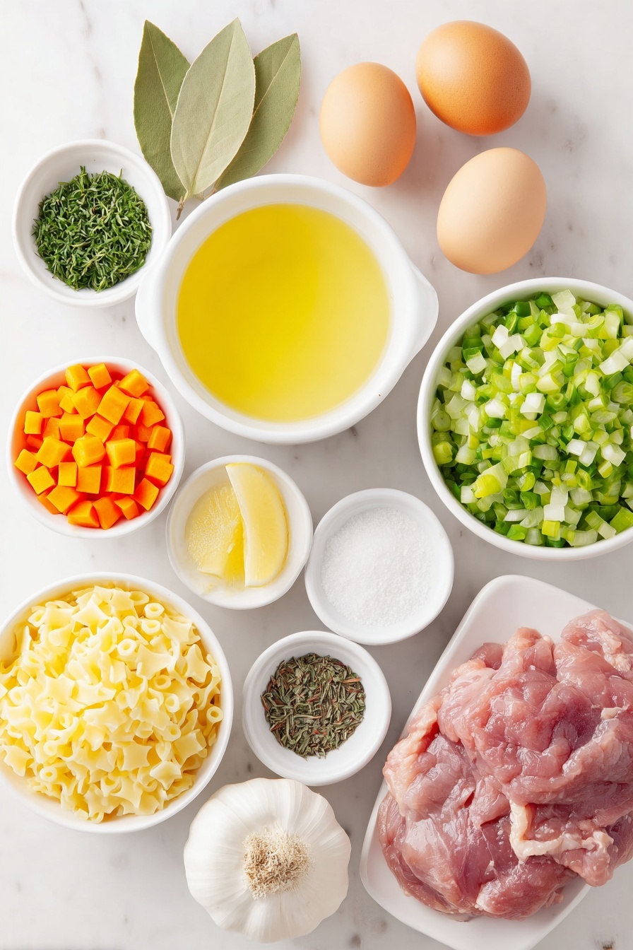 Lemon Chicken Soup with Orzo, Lemon Chicken Soup, Chicken and Orzo Soup, Bright Chicken Soup, Comforting Lemon Soup - Flat lay of a small white ceramic bowl of golden olive oil, a small white bowl of finely chopped yellow onion, a small white bowl of diced bright orange carrots, a small white bowl of finely chopped light green celery, a small white bowl of peeled garlic cloves, whole uncracked brown eggs, two fresh bay leaves, fresh raw boneless, skinless chicken breasts with pink flesh, a small white bowl filled with dry pale yellow orzo pasta, a small white bowl of freshly squeezed lemon juice, a small white bowl of ground black pepper, a small white bowl of dried green parsley, a small white bowl of dried light brown thyme, a small white bowl of fine white salt, and a large white ceramic bowl filled with clear chicken broth, placed on a clean white marble surface, soft natural light, photo taken with an iPhone, professional food photography style, fresh ingredients, white ceramic bowls, no bottles, no duplicates, no utensils, no packaging --ar 2:3 --v 7 --p m7354615311229779997