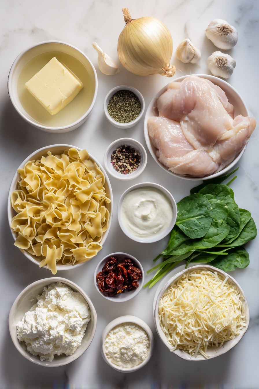 White Lasagna Soup, White Lasagna Soup recipe, creamy lasagna soup, easy lasagna soup, comforting chicken lasagna soup - Flat lay of unsalted butter in a small white ceramic bowl, one medium yellow onion whole and unpeeled, three whole garlic cloves with papery skins, a small white bowl of mixed Italian seasoning herbs, white ceramic bowls containing salt, black peppercorns, and red chili flakes separately, a small white bowl filled with low-sodium chicken broth, two raw boneless skinless chicken breasts, a small white bowl of chopped sun-dried tomatoes, a white ceramic bowl holding broken dry lasagna noodles, a small white bowl with creamy half-and-half, a small white bowl of white cornstarch powder, a handful of fresh bright green roughly chopped spinach leaves, a small white bowl of soft white ricotta cheese, a small white bowl of grated pale yellow Parmesan cheese, and a small white bowl filled with shredded mozzarella cheese placed on a clean white marble surface, soft natural light, photo taken with an iPhone, professional food photography style, fresh ingredients, white ceramic bowls, no bottles, no duplicates, no utensils, no packaging --ar 2:3 --v 7 --p m7354615311229779997