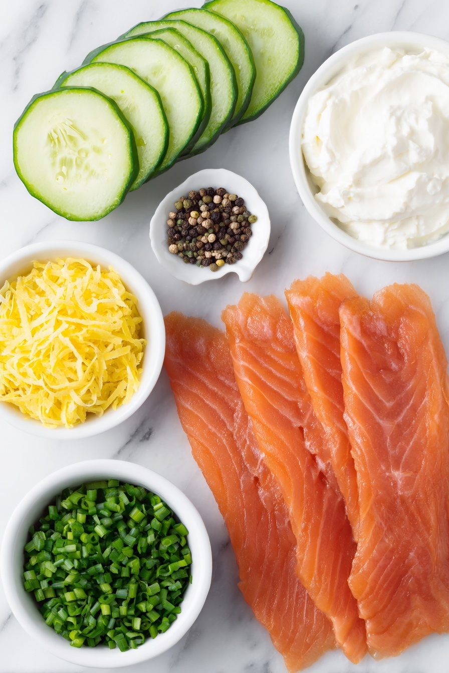 Smoked Salmon Cucumber Bites, smoked salmon appetizer, cucumber canapés, easy finger foods, elegant snack ideas - Flat lay of a long cucumber sliced into thin rounds, delicate pieces of smoked salmon with a rich orange hue, a small white ceramic bowl of smooth cream cheese, finely minced pale green spring onion scattered beside a small white bowl of bright chopped chives, a tiny white bowl containing fresh yellow lemon zest, another small white bowl with pale yellow lemon juice, and a small mound of freshly cracked black pepper, all arranged in perfect symmetry and balanced proportions on a clean white marble surface, soft natural light, photo taken with an iPhone, professional food photography style, fresh ingredients, white ceramic bowls, no bottles, no duplicates, no utensils, no packaging --ar 2:3 --v 7 --p m7354615311229779997