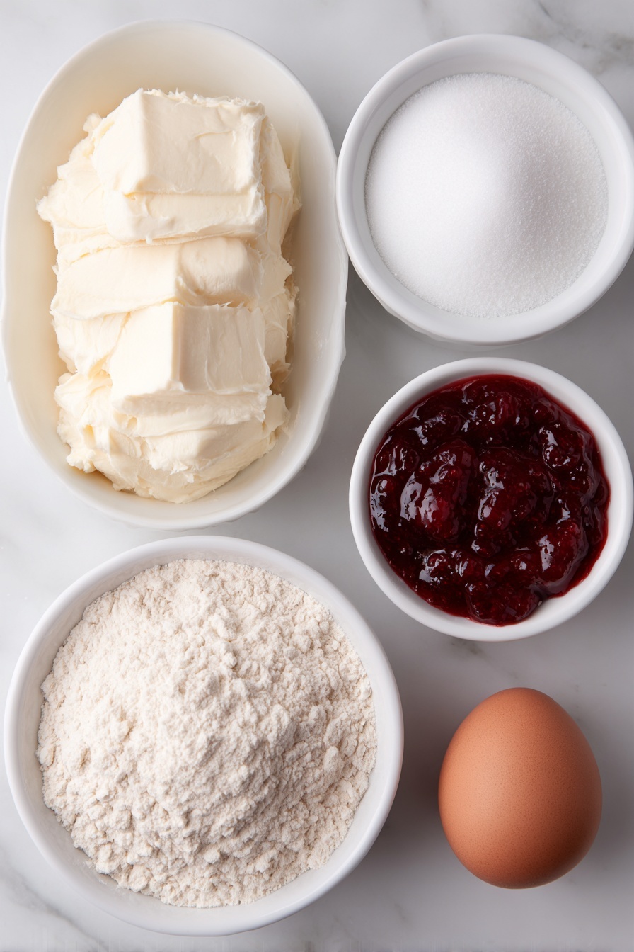 Raspberry Jam Bars, Easy Raspberry Dessert, Jam Bar Recipe, Sweet Raspberry Bars, Buttery Jam Bars - Flat lay of a small mound of unsalted butter softened to room temperature, a small white ceramic bowl filled with all-purpose flour, a small white ceramic bowl holding granulated sugar, one whole uncracked brown egg, and a small white ceramic bowl containing vibrant red seedless raspberry jam, all arranged with perfect symmetry and realistic proportions, placed on a clean white marble surface, soft natural light, photo taken with an iPhone, professional food photography style, fresh ingredients, white ceramic bowls, no bottles, no duplicates, no utensils, no packaging --ar 2:3 --v 7 --p m7354615311229779997